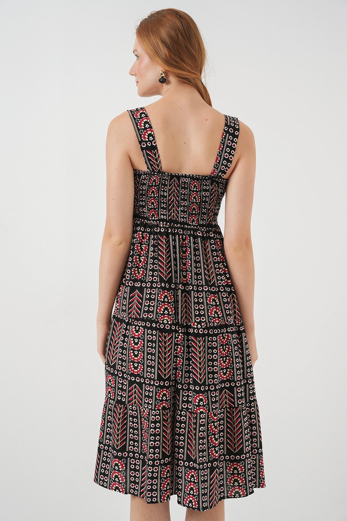 Kadın Desenli Askılı Midi Elbise 2577 - Siyah