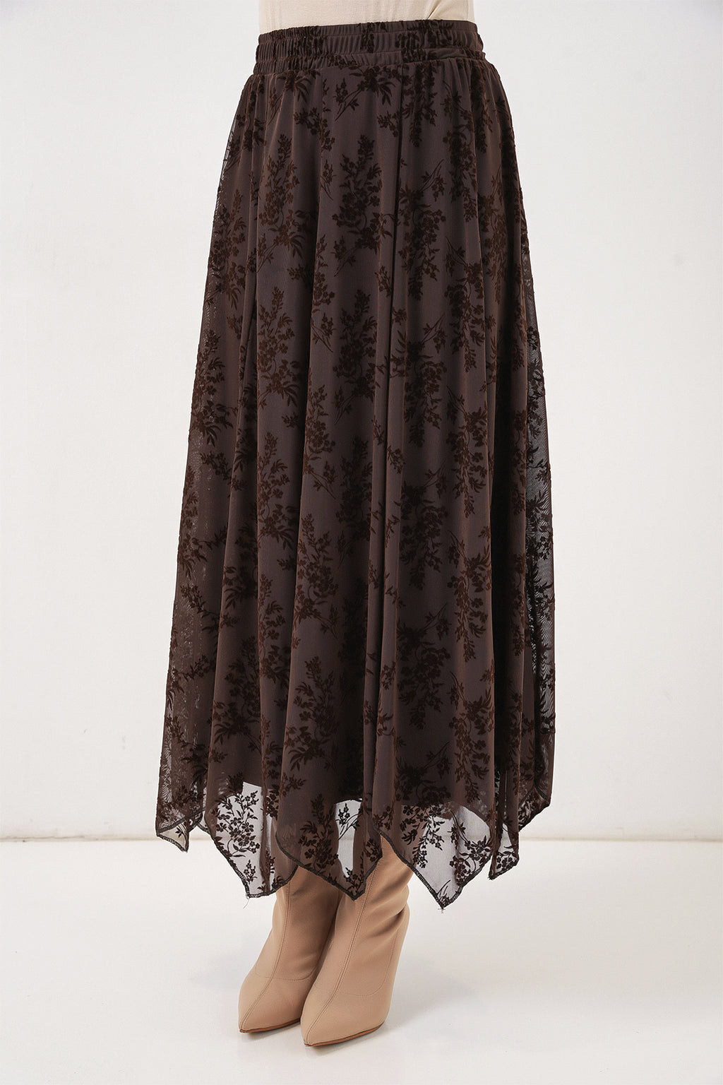 Kadın Desenli Astarlı Etek 8059 - Kahverengi