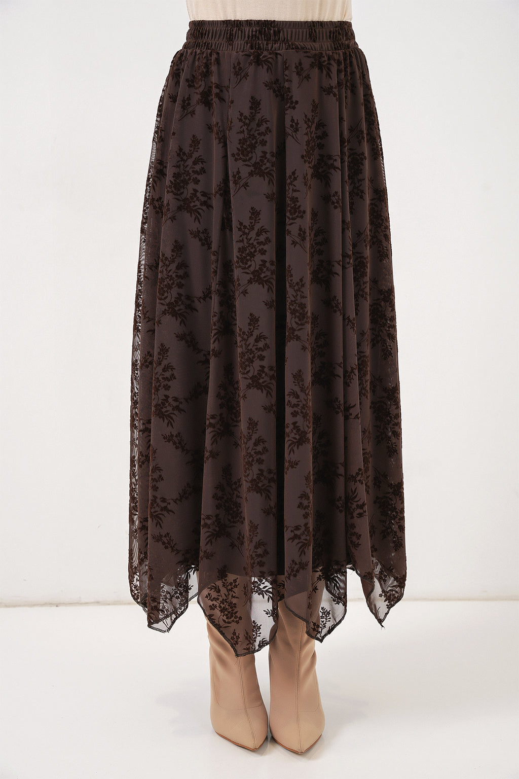 Kadın Desenli Astarlı Etek 8059 - Kahverengi