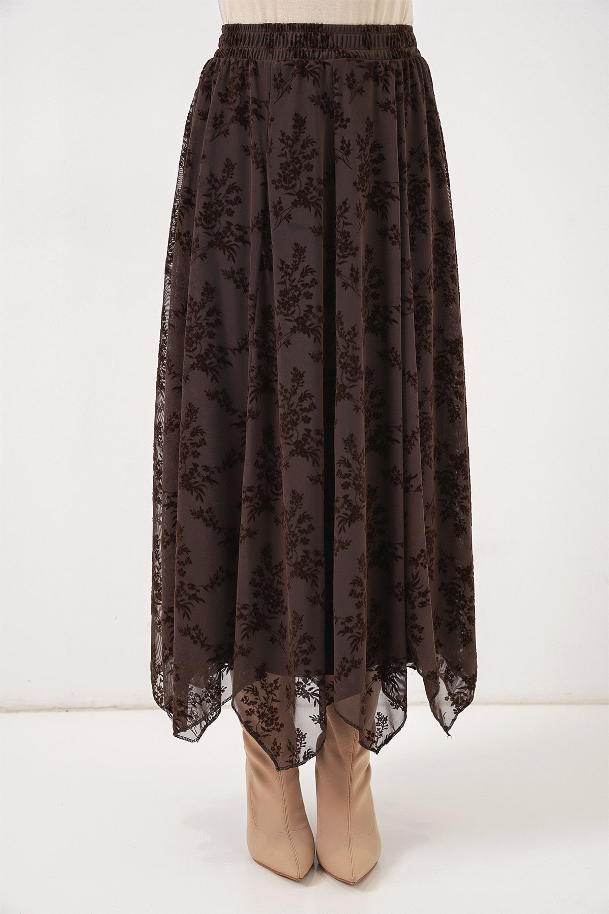 Kadın Desenli Astarlı Etek 8059 - Kahverengi