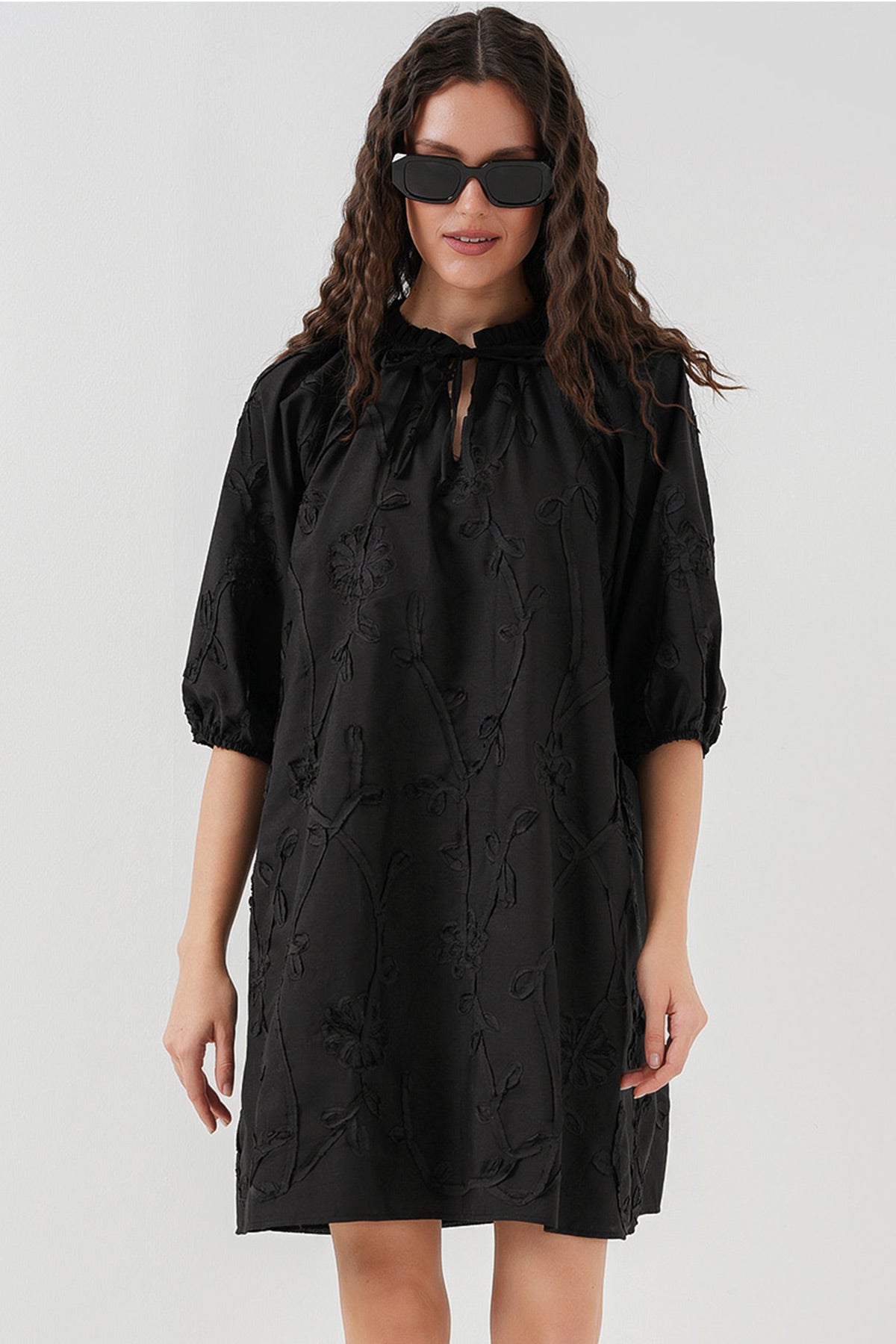 Kadın Desenli Kısa Elbise 2528 - Siyah