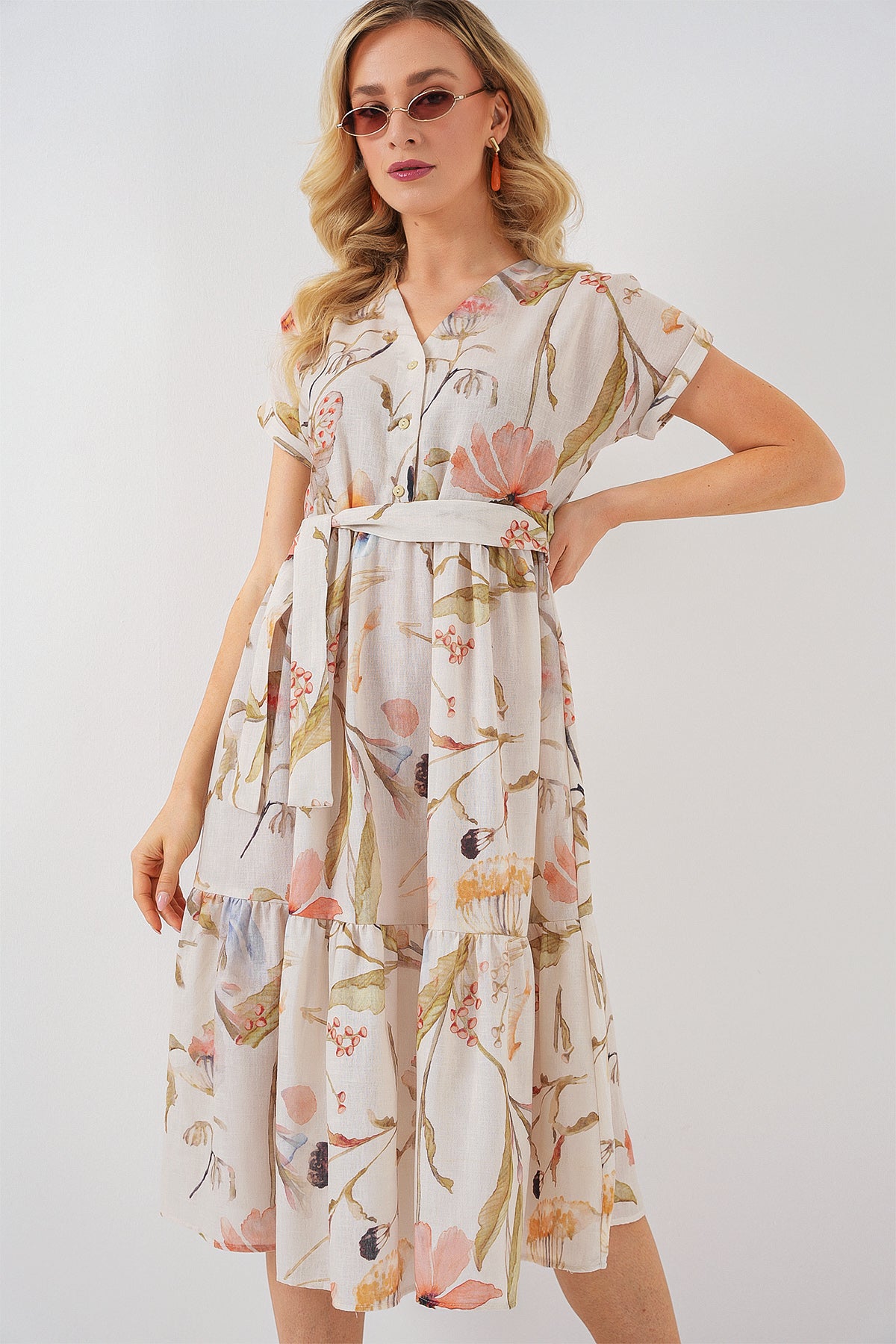 Kadın Desenli Kısa Kol Elbise 2558 - Krem