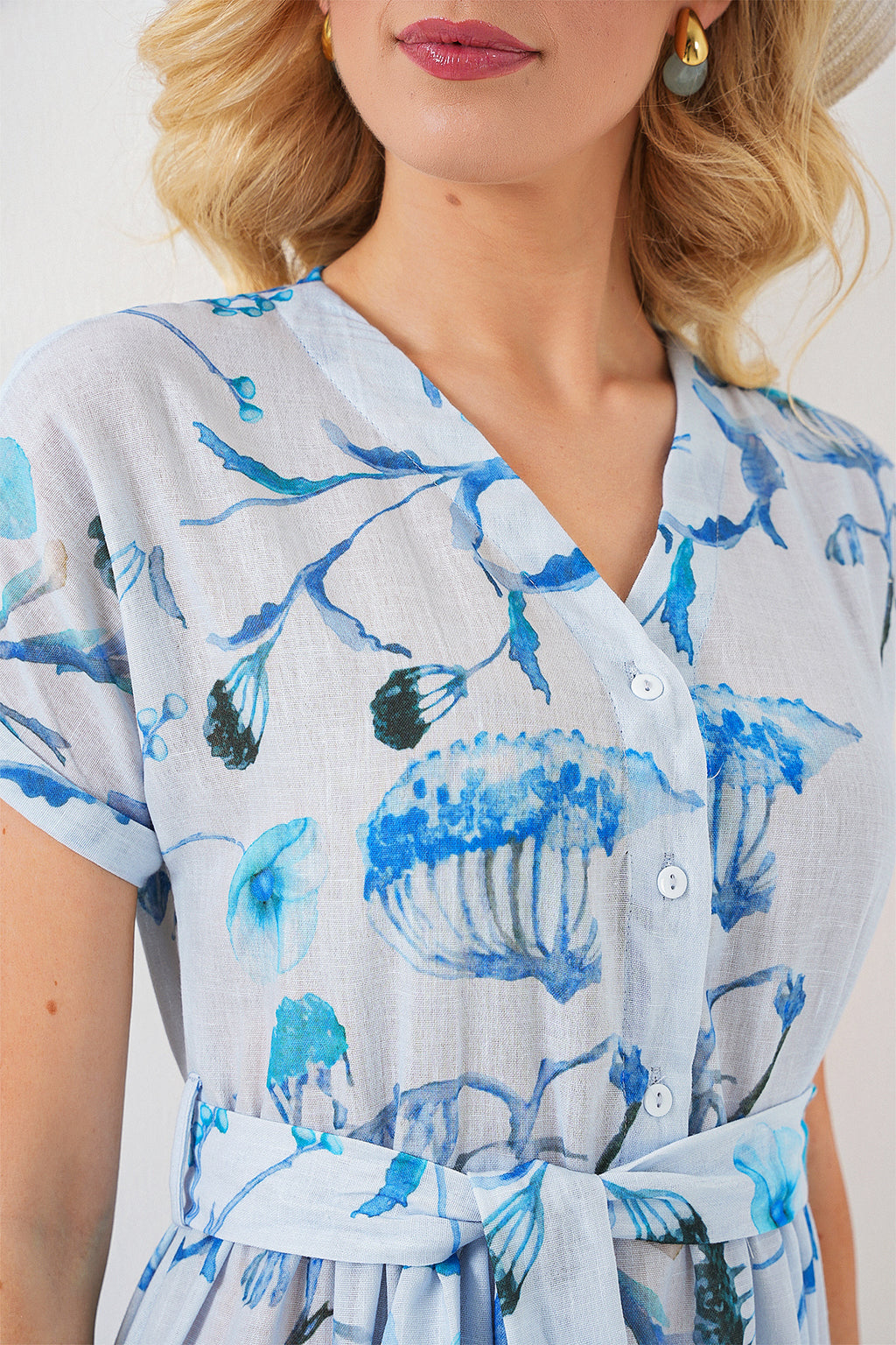 Kadın Desenli Kısa Kol Elbise 2558 - Mavi