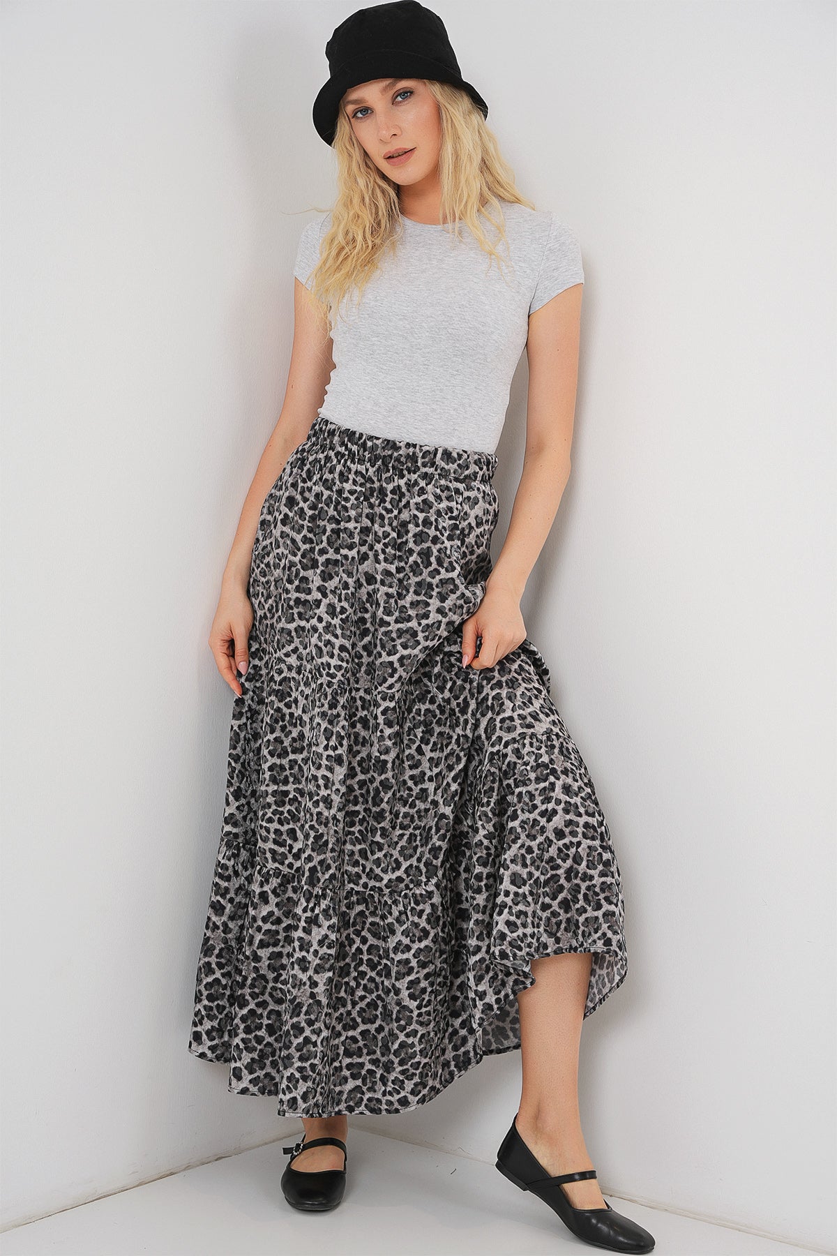 Kadın Desenli Uzun Etek 8053 - Antrasit