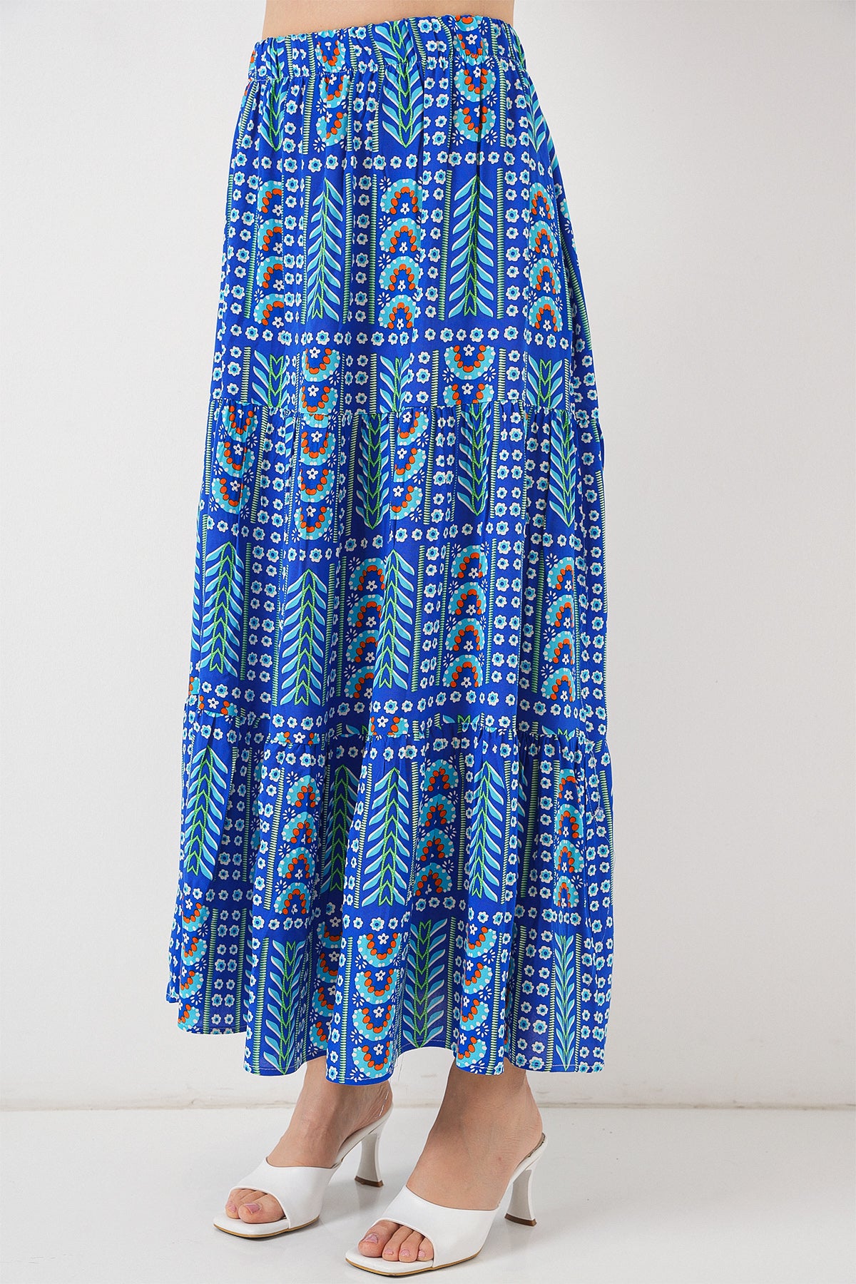 Kadın Desenli Uzun Etek 8053 - Saks