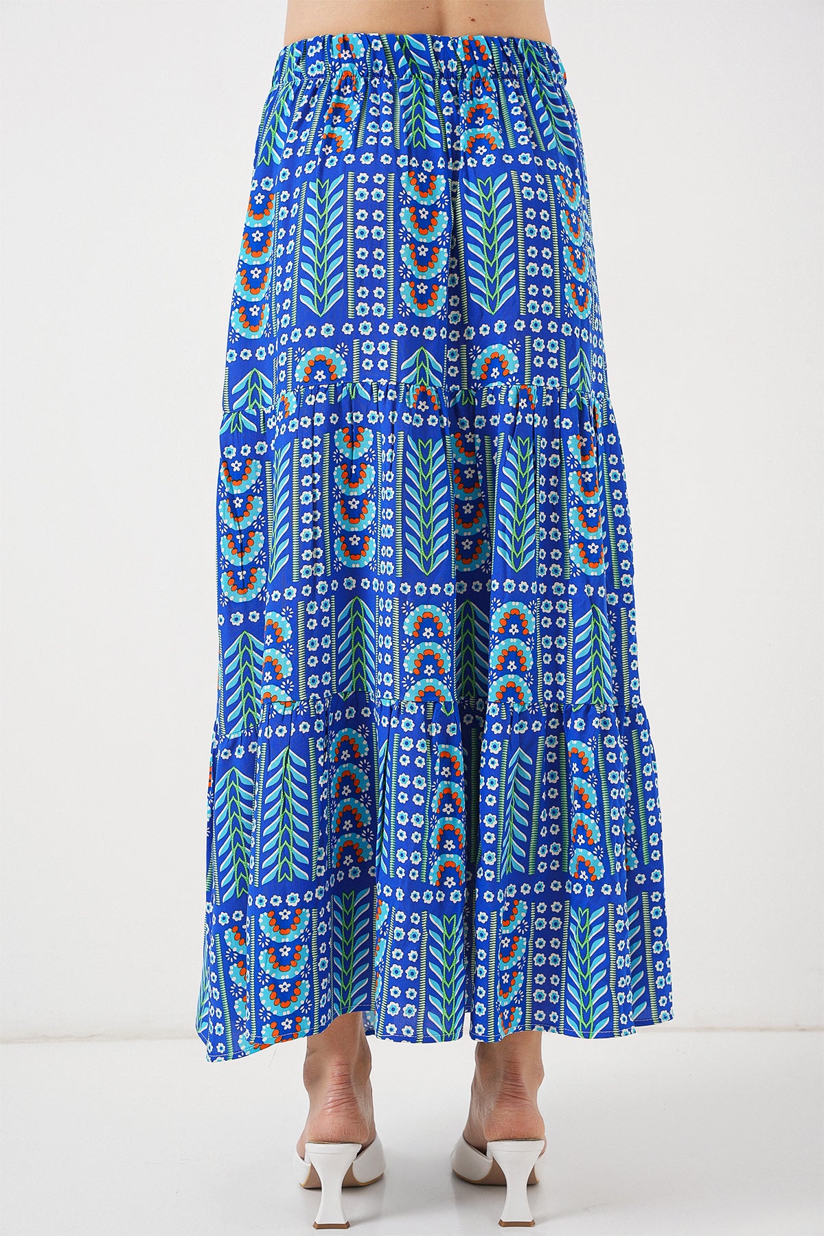 Kadın Desenli Uzun Etek 8053 - Saks