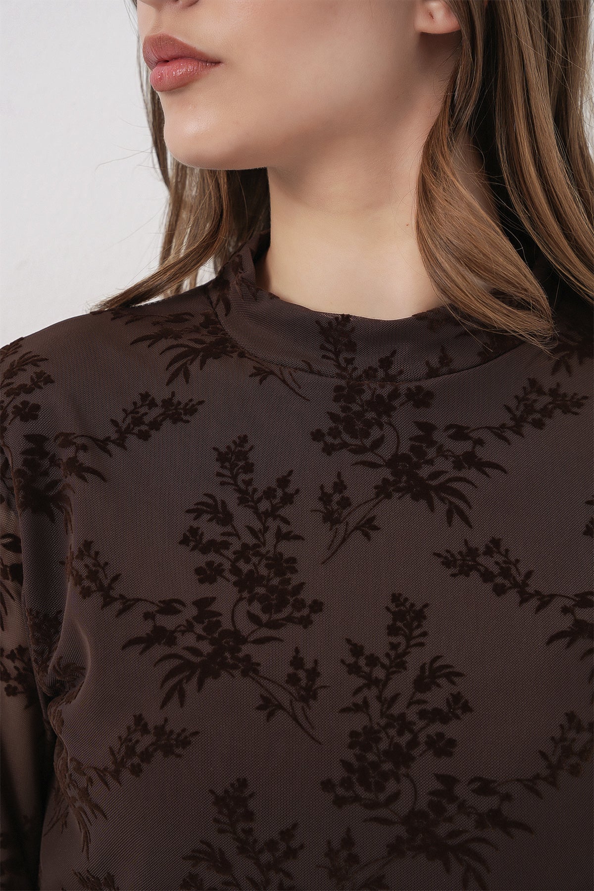 Kadın Desenli Uzun Kol Bluz 983 - Kahverengi