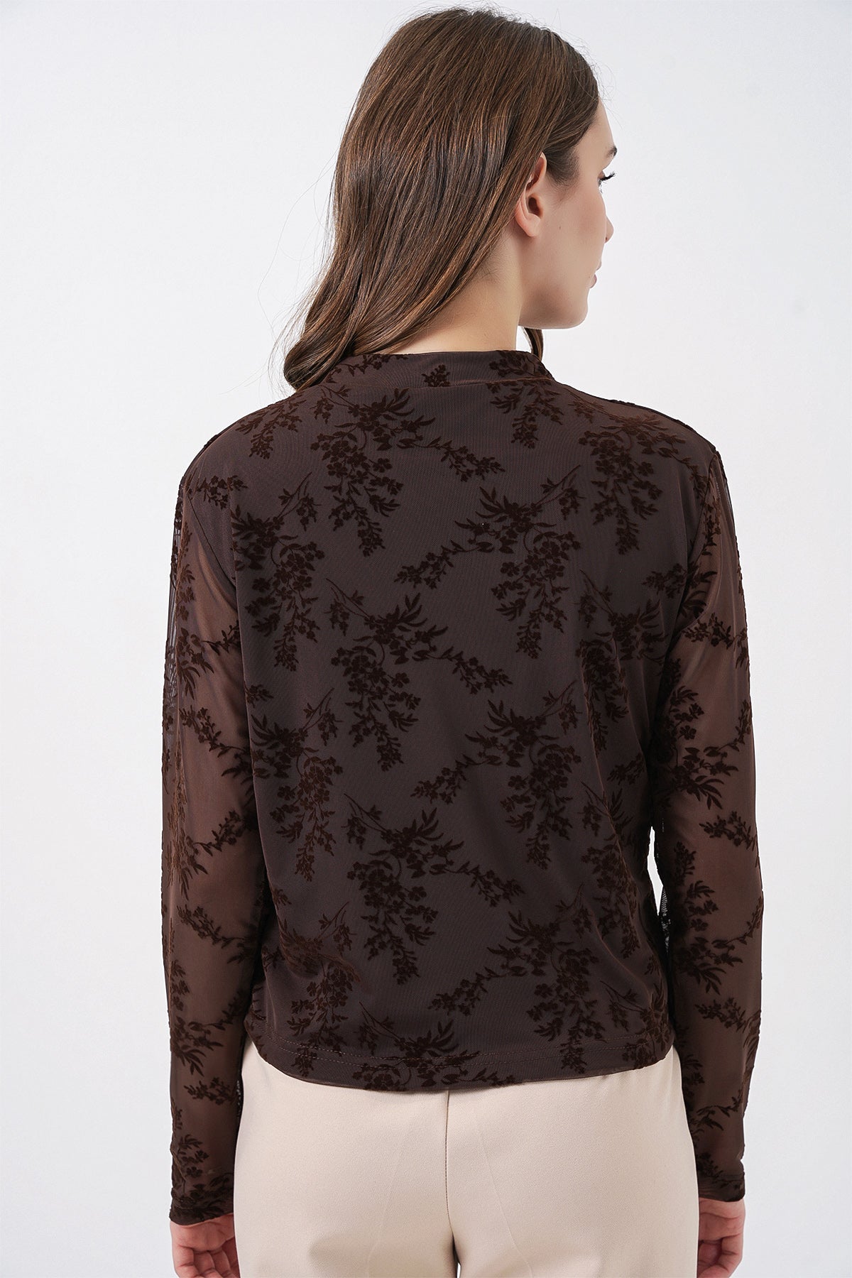 Kadın Desenli Uzun Kol Bluz 983 - Kahverengi