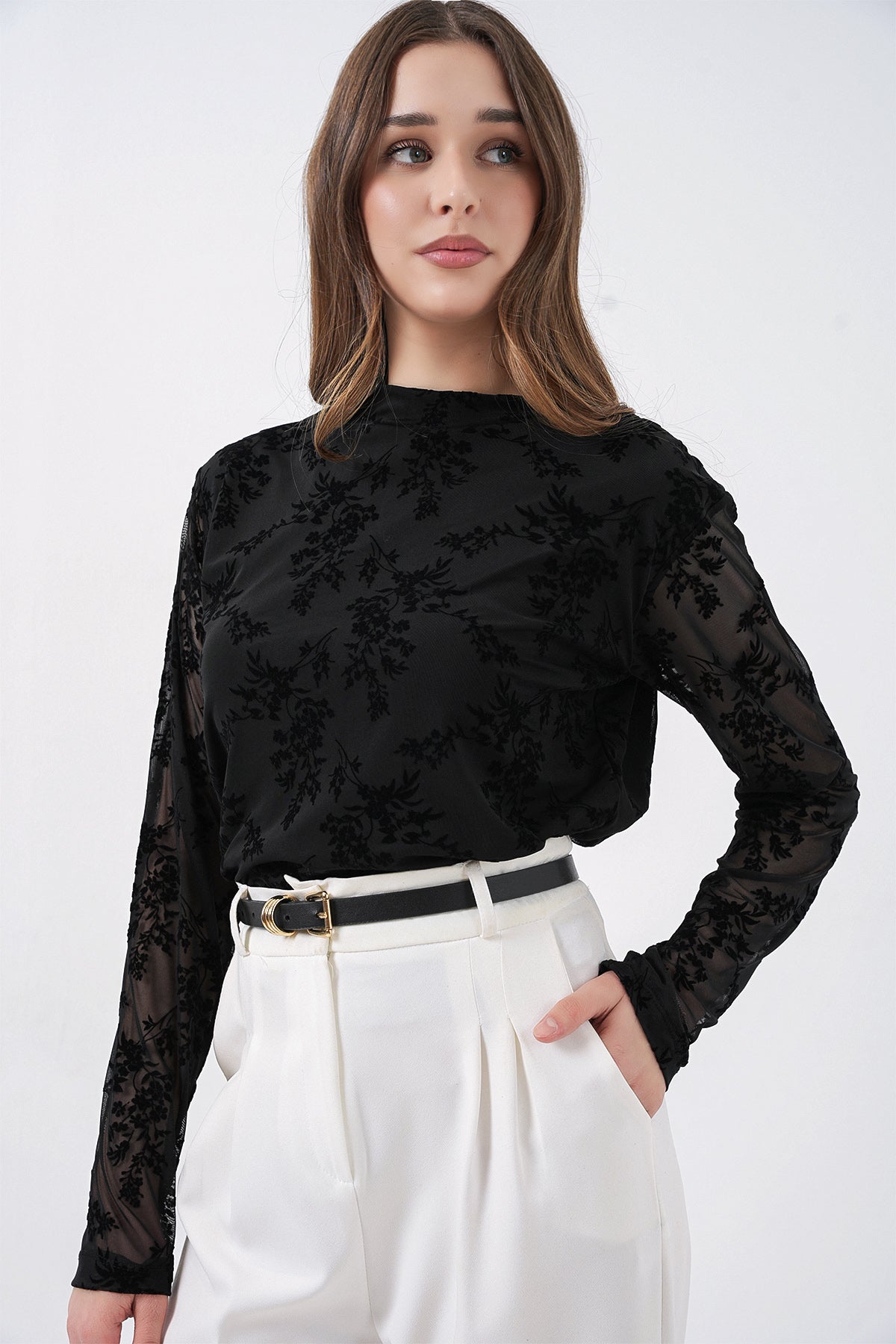 Kadın Desenli Uzun Kol Bluz 983 - Siyah