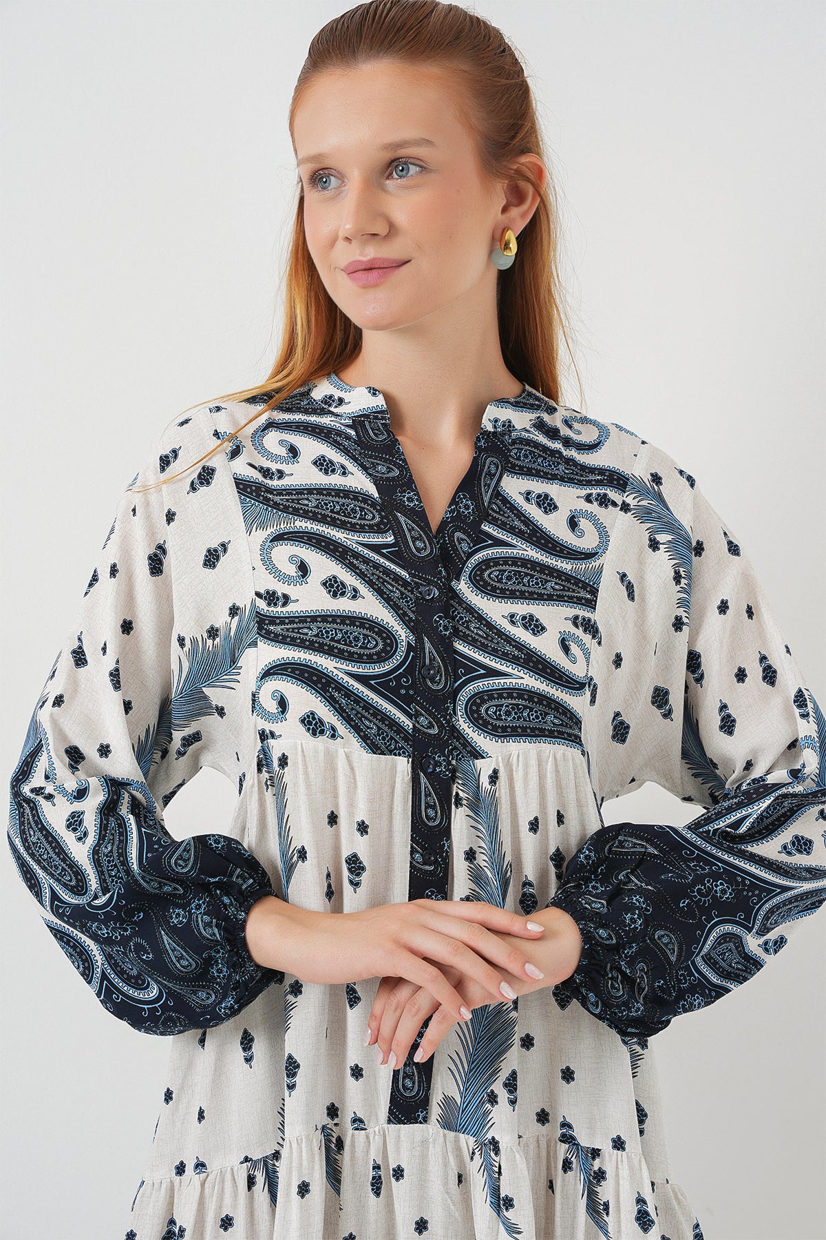 Kadın Desenli Uzun Tesettür Elbise 2585 - A.Lacivert