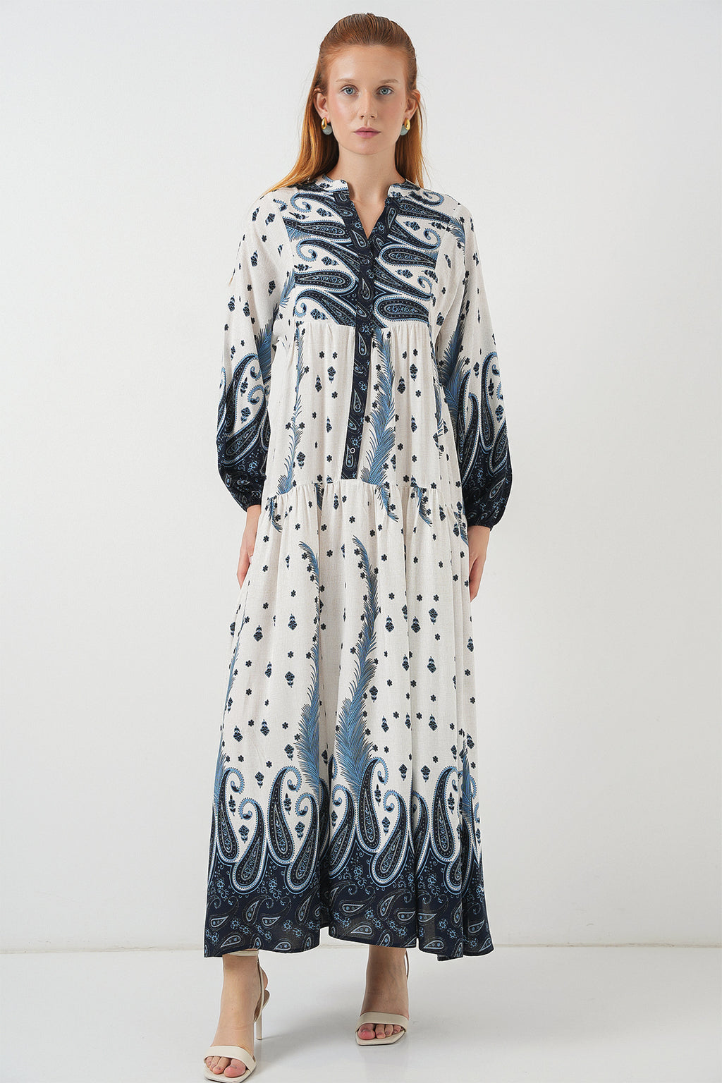 Kadın Desenli Uzun Tesettür Elbise 2585 - A.Lacivert