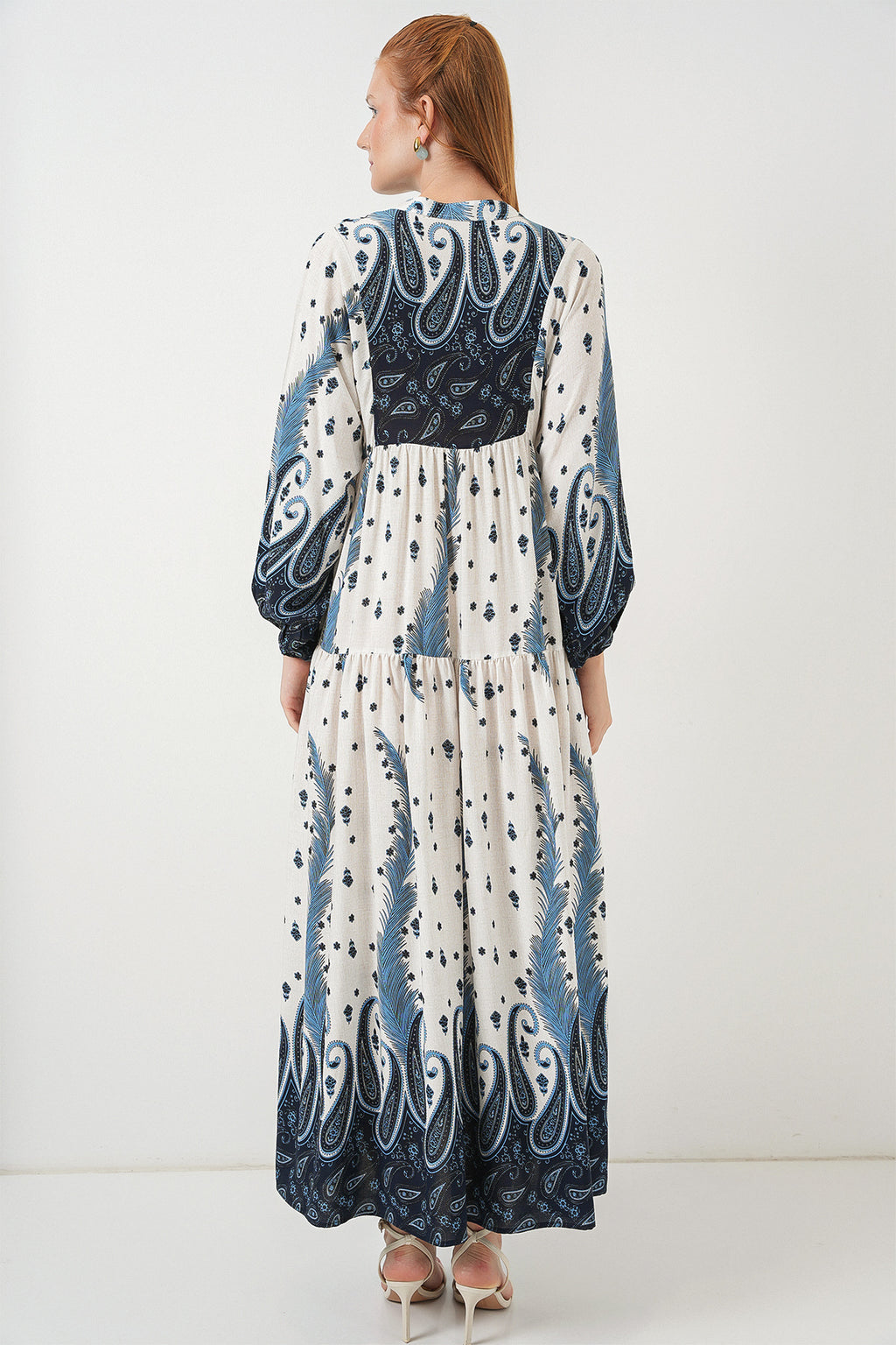 Kadın Desenli Uzun Tesettür Elbise 2585 - A.Lacivert