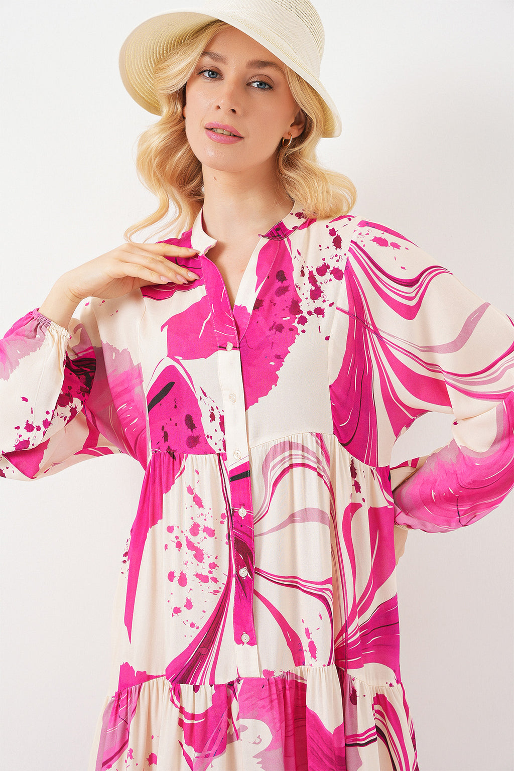 Kadın Desenli Uzun Tesettür Elbise 2585 - Fuşya