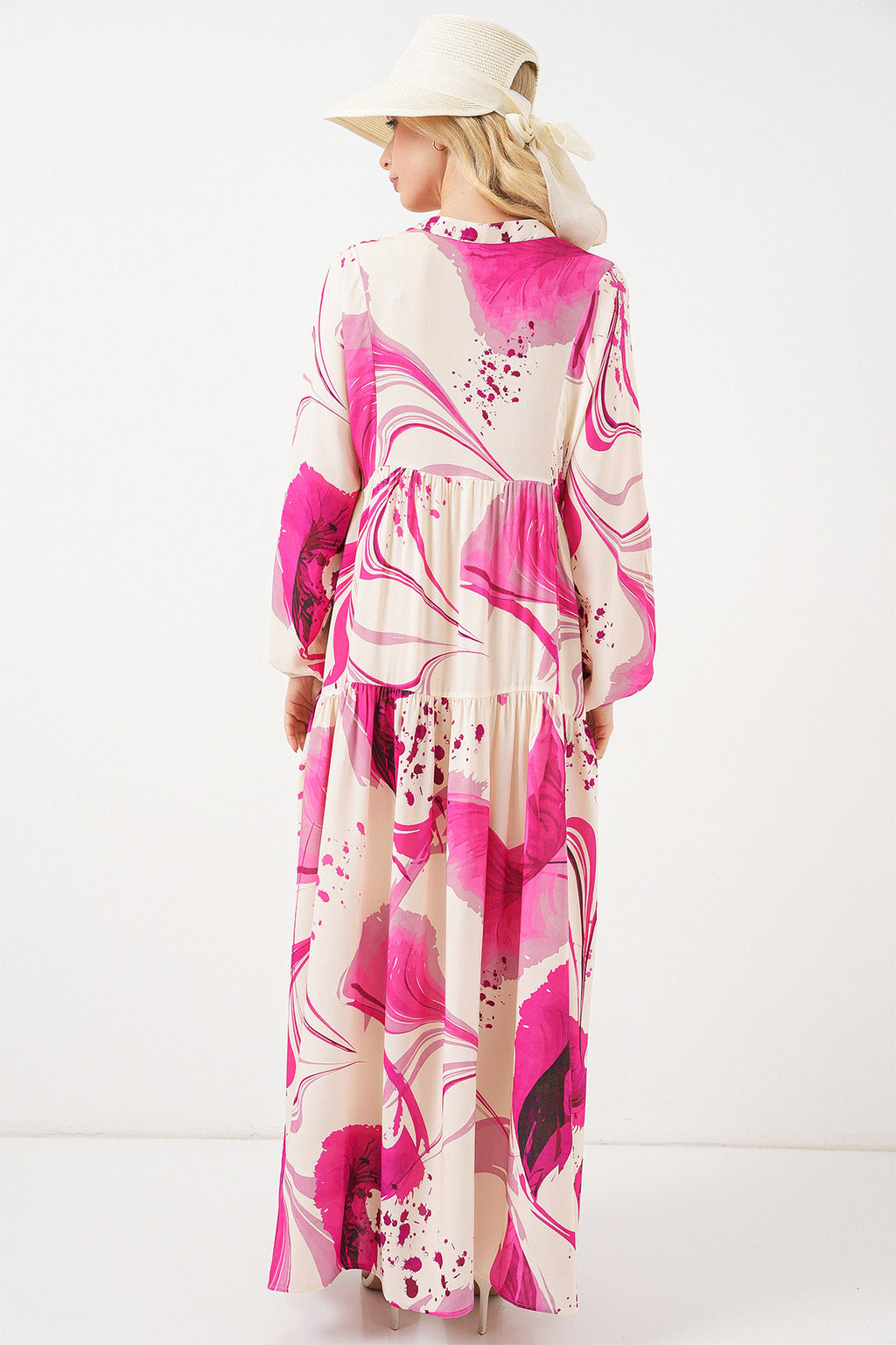 Kadın Desenli Uzun Tesettür Elbise 2585 - Fuşya