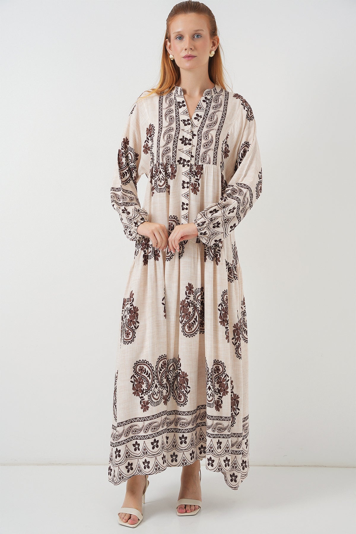 Kadın Desenli Uzun Tesettür Elbise 2585 - M. Kahverengi