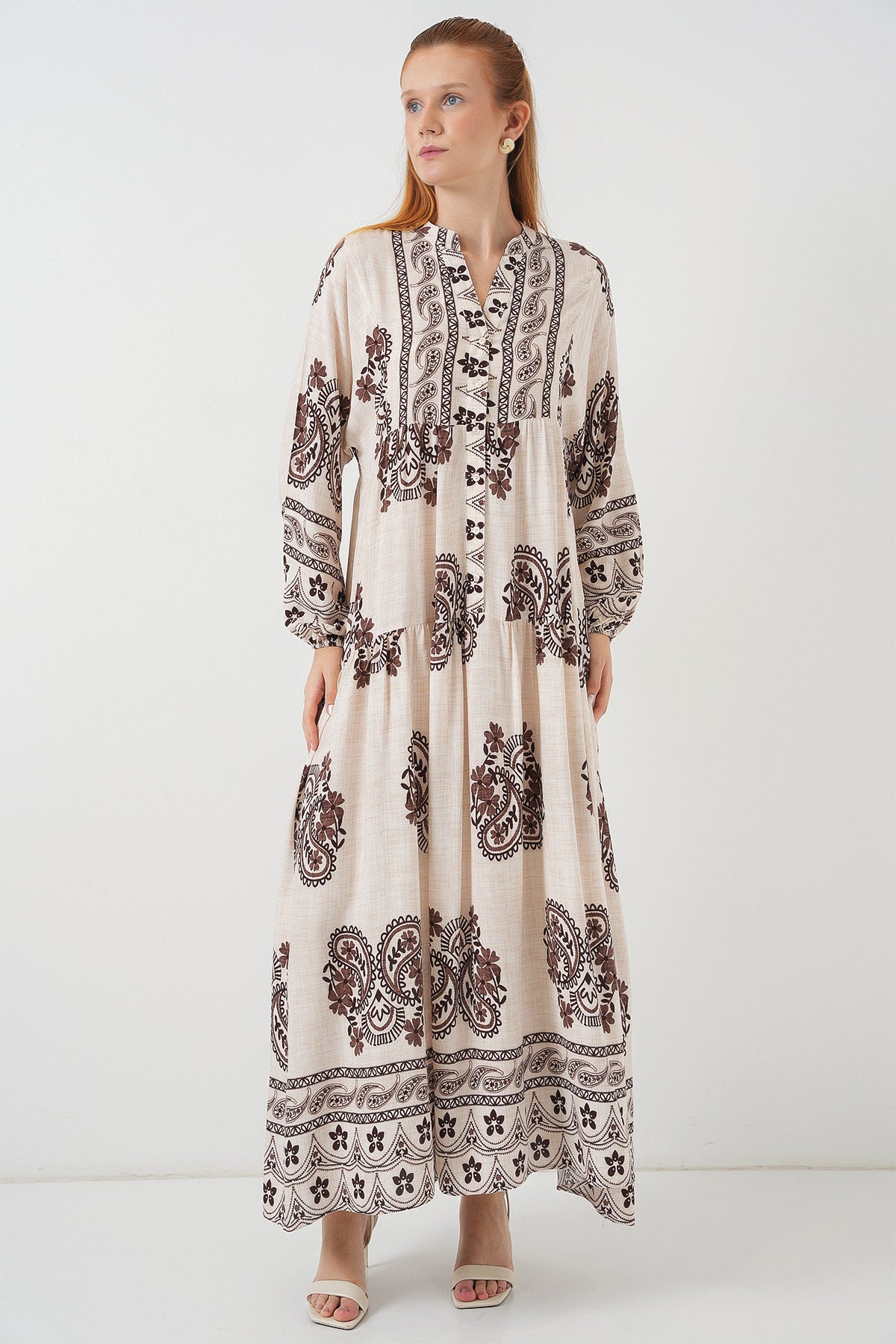 Kadın Desenli Uzun Tesettür Elbise 2585 - M. Kahverengi