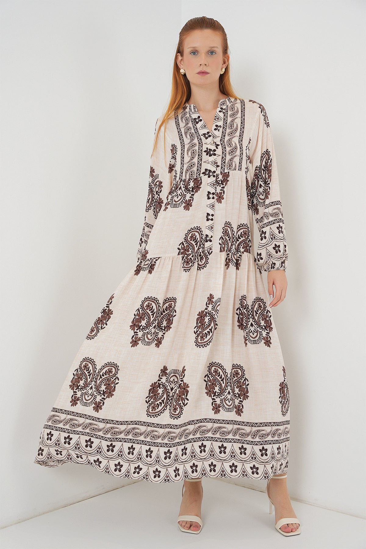 Kadın Desenli Uzun Tesettür Elbise 2585 - M. Kahverengi