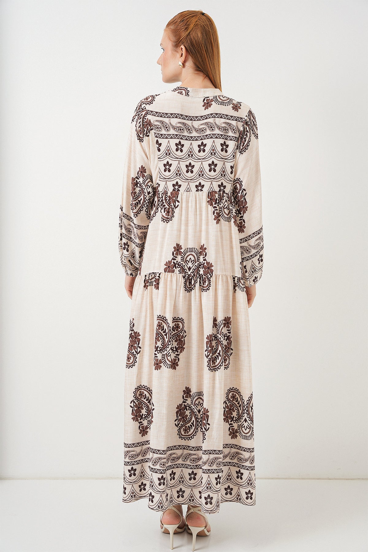 Kadın Desenli Uzun Tesettür Elbise 2585 - M. Kahverengi