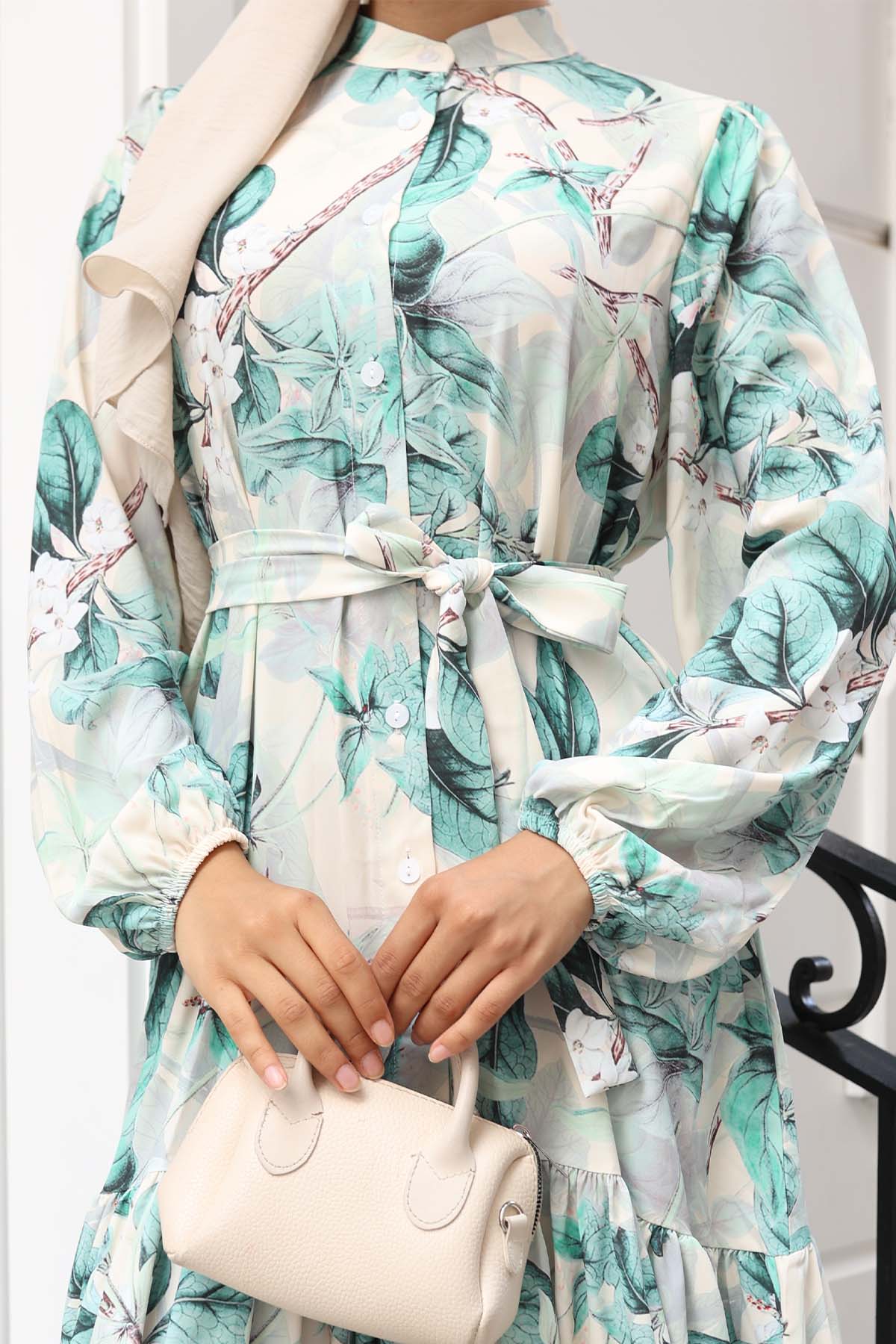 Kadın Desenli Uzun Tesettür Elbise 2586 - A.Yeşil