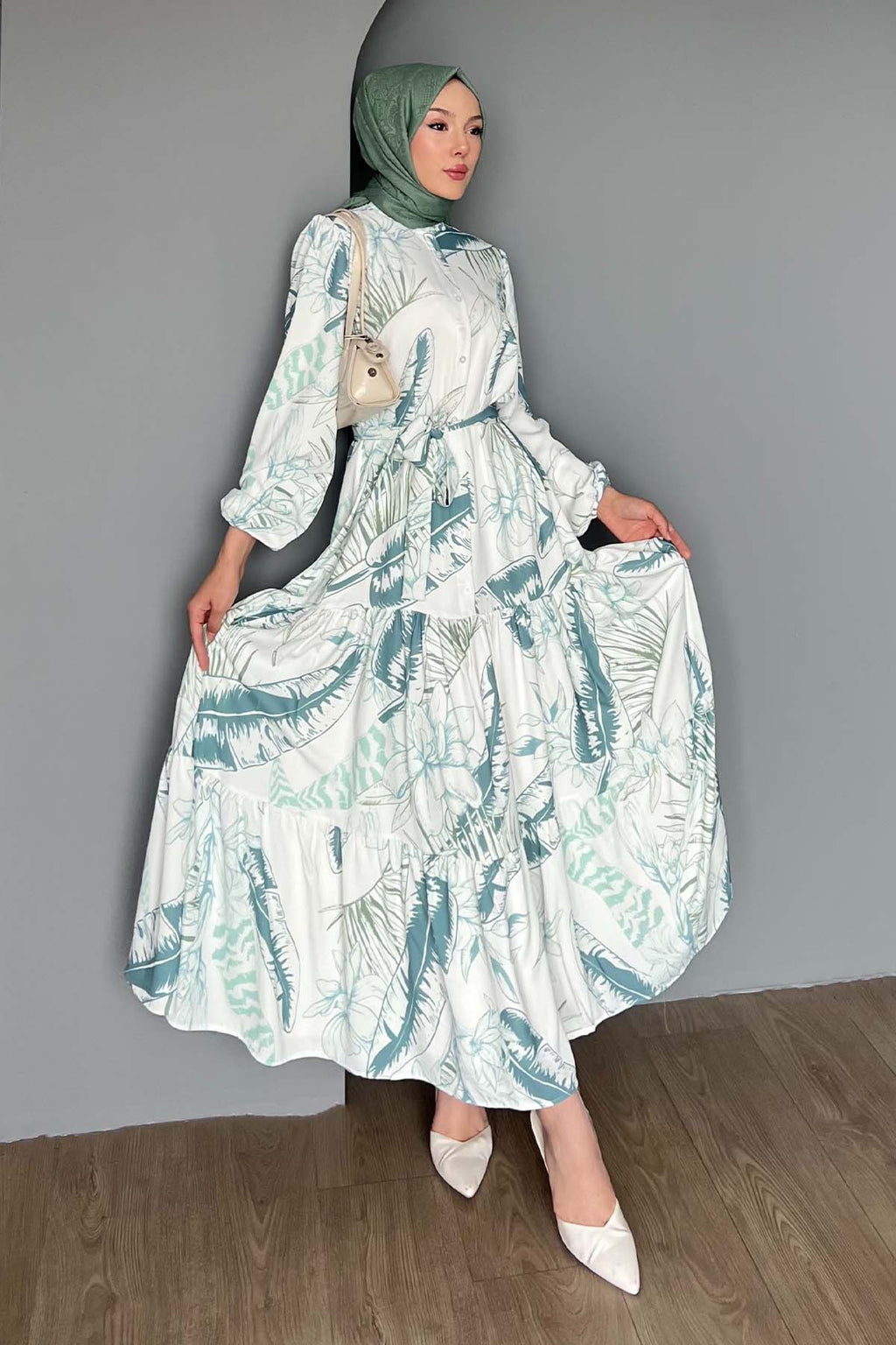 Kadın Desenli Uzun Tesettür Elbise 2586 - Çağla