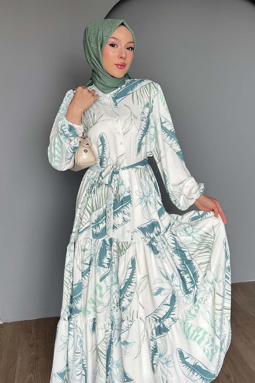 Kadın Desenli Uzun Tesettür Elbise 2586 - Çağla