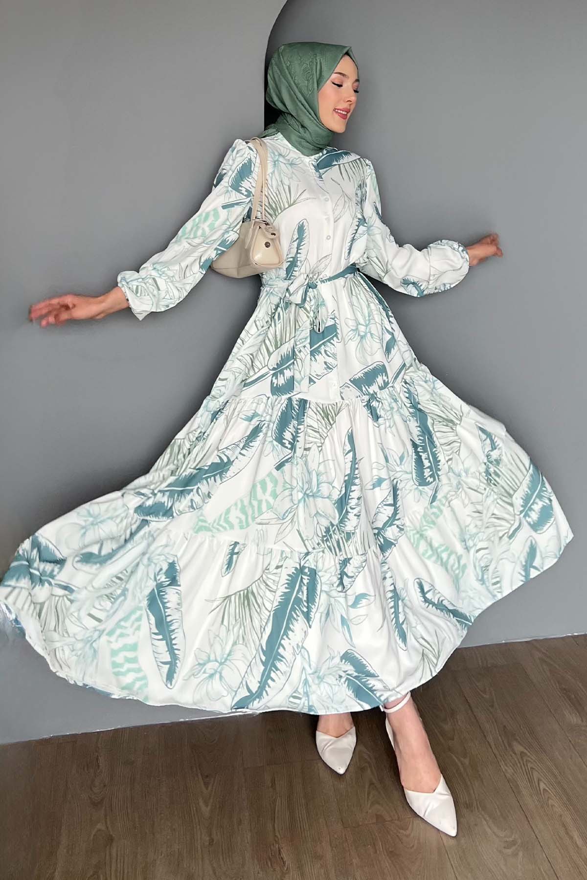 Kadın Desenli Uzun Tesettür Elbise 2586 - Çağla