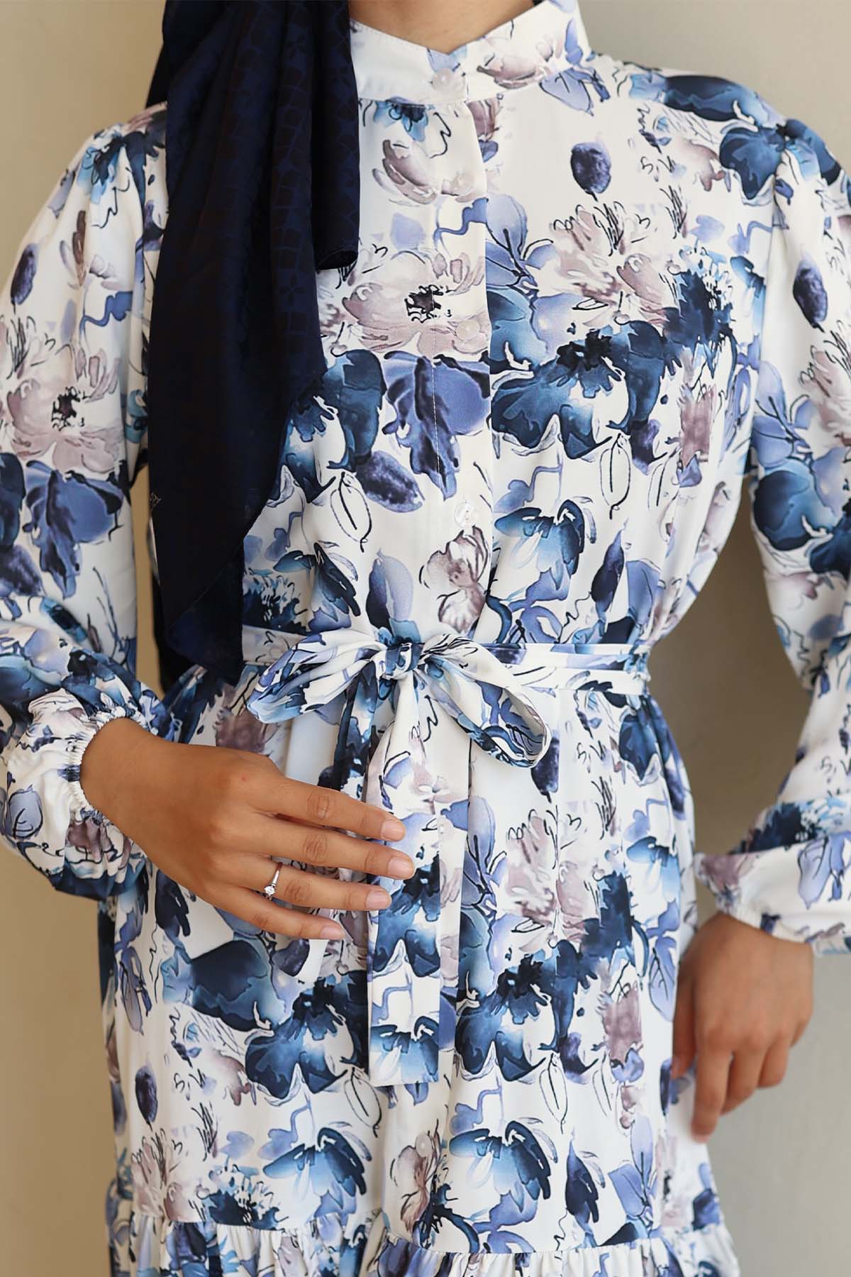 Kadın Desenli Uzun Tesettür Elbise 2586 - Lacivert