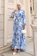 Kadın Desenli Uzun Tesettür Elbise 2586 - Mavi