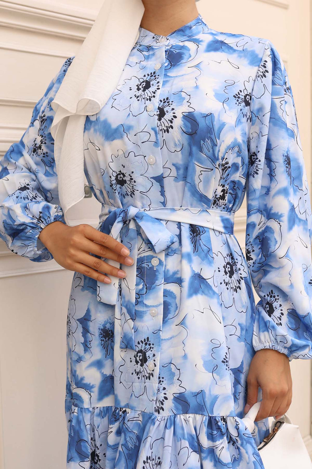 Kadın Desenli Uzun Tesettür Elbise 2586 - Mavi