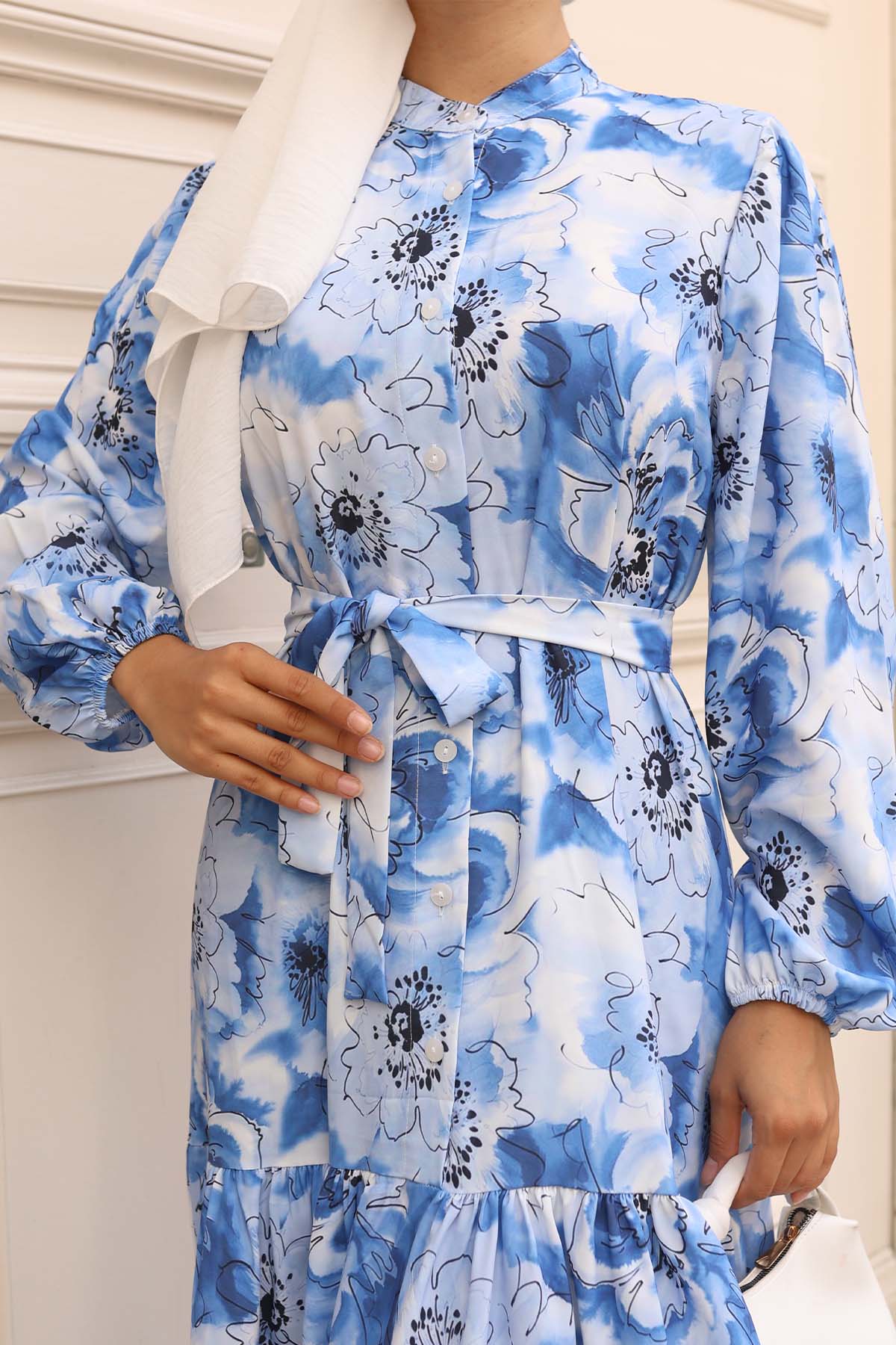 Kadın Desenli Uzun Tesettür Elbise 2586 - Mavi