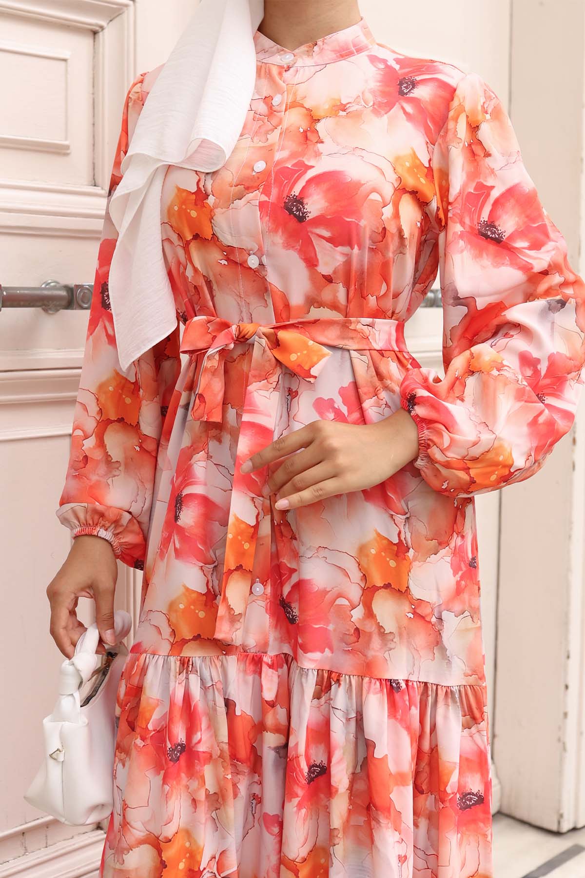 Kadın Desenli Uzun Tesettür Elbise 2586 - Oranje