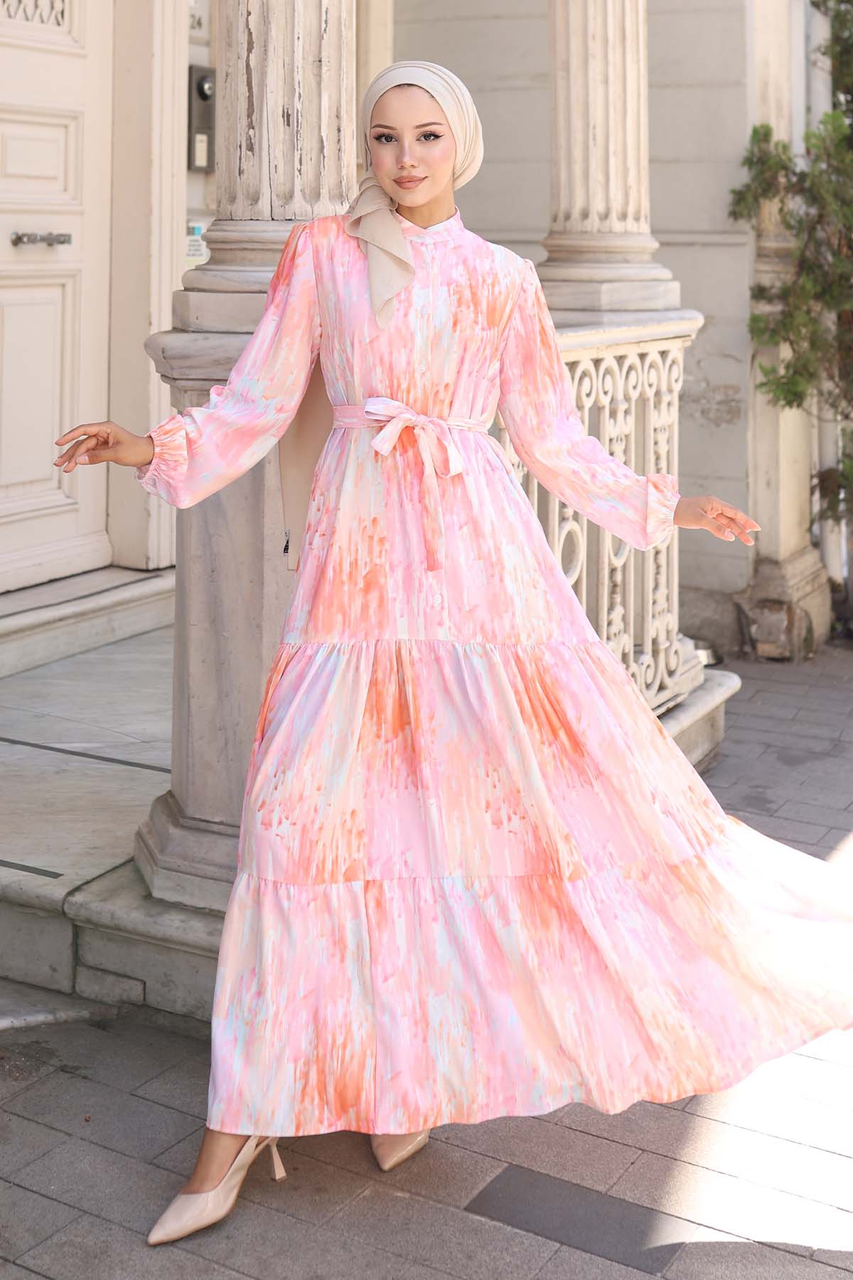 Kadın Desenli Uzun Tesettür Elbise 2586 - Pembe