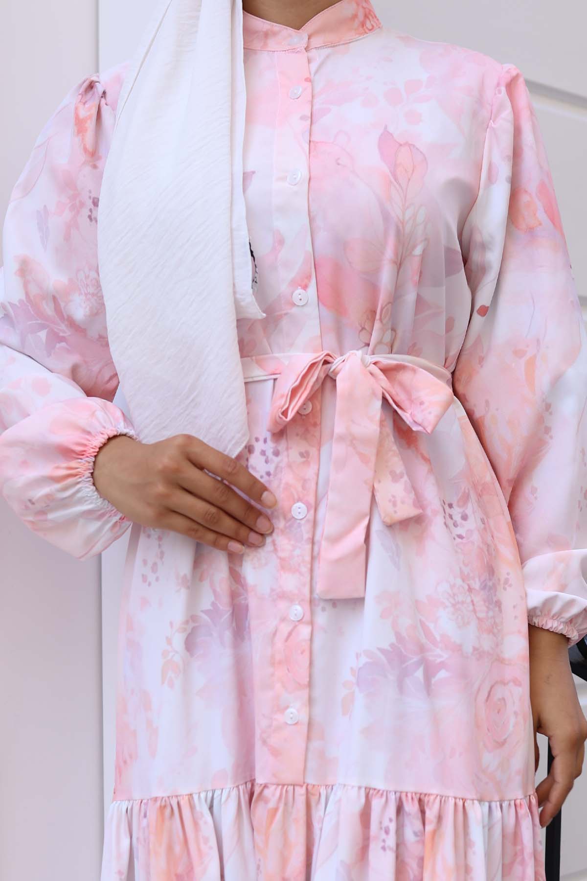 Kadın Desenli Uzun Tesettür Elbise 2586 - Pudra