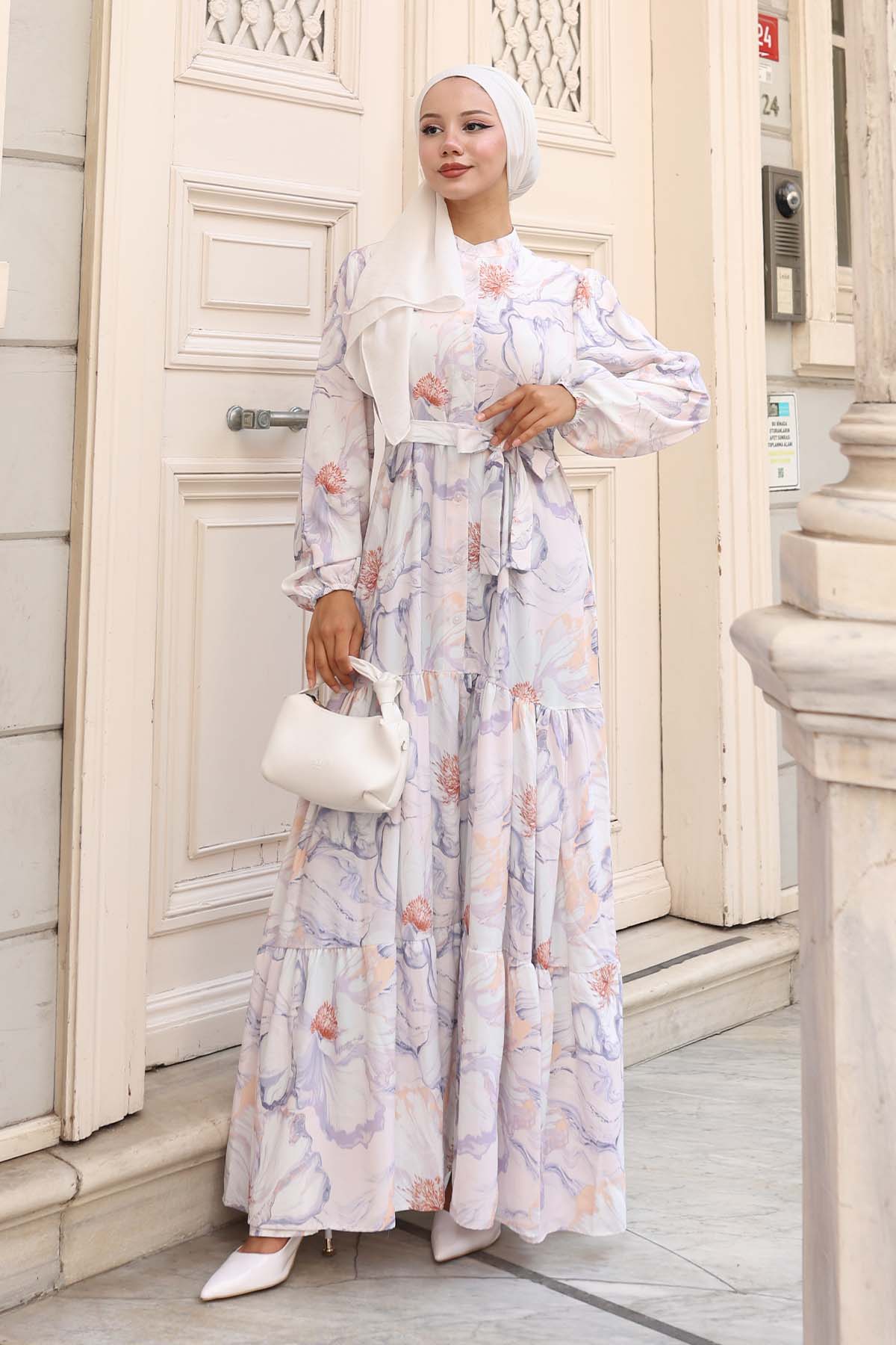 Kadın Desenli Uzun Tesettür Elbise 2586 - Taş