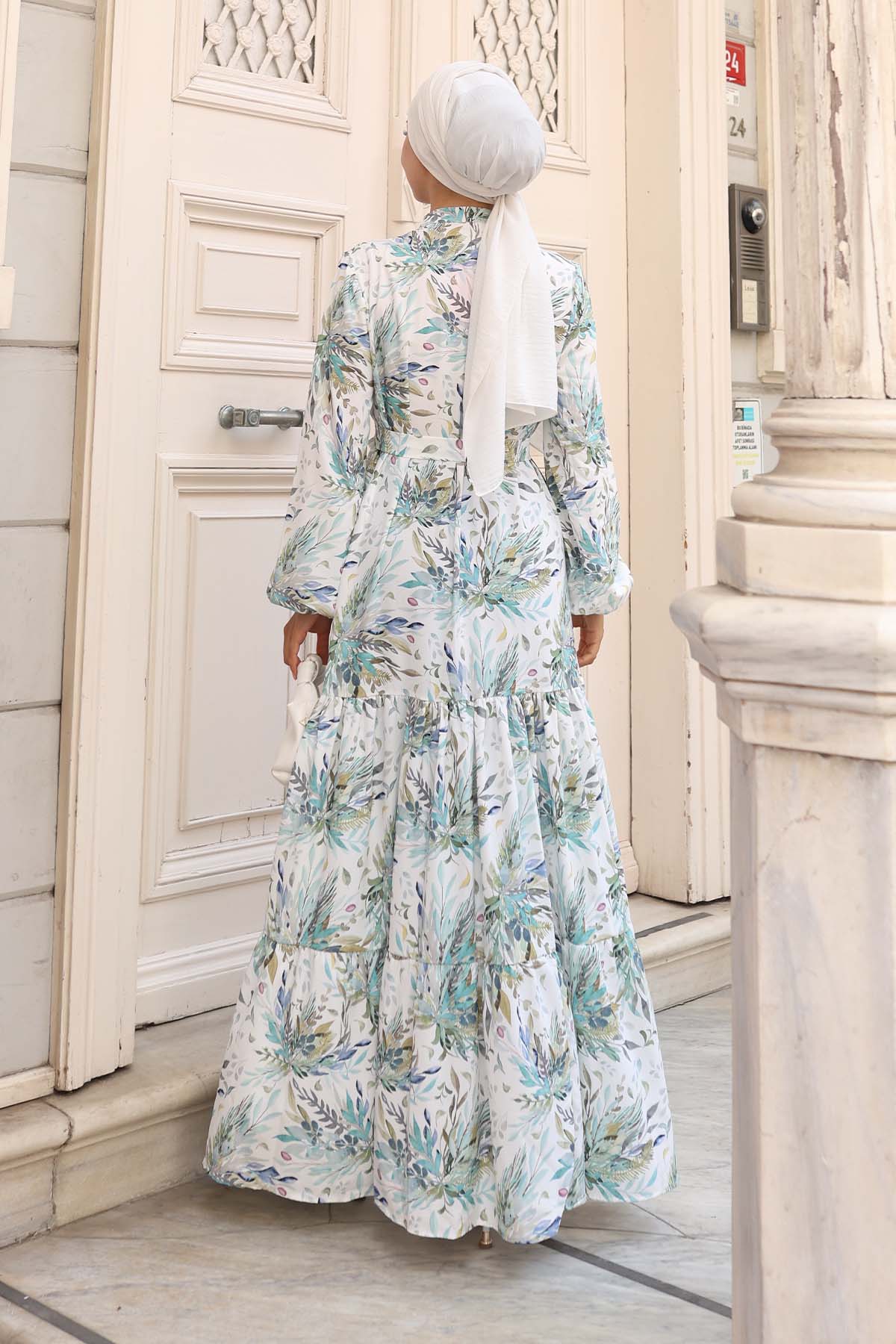 Kadın Desenli Uzun Tesettür Elbise 2586 - Y.Yeşil