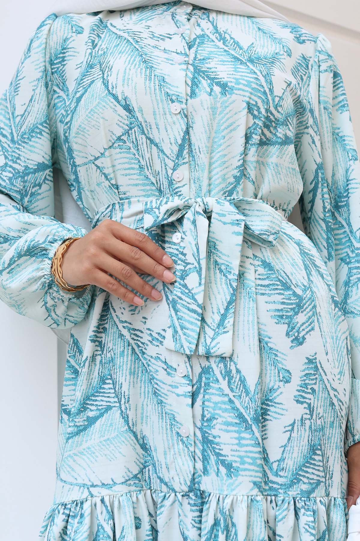 Kadın Desenli Uzun Tesettür Elbise 2586 - Yeşil