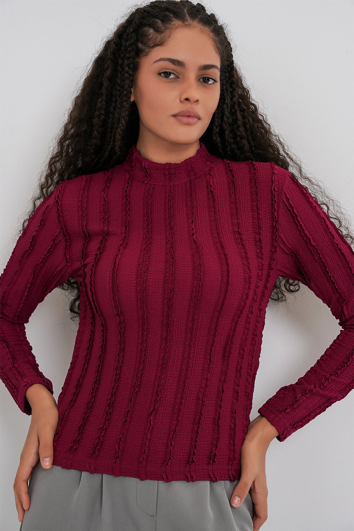 Kadın Dokulu Esnek Örme Bluz 975 - Bordo