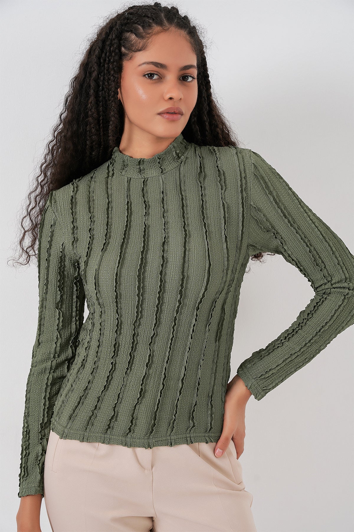 Kadın Dokulu Esnek Örme Bluz 975 - Haki