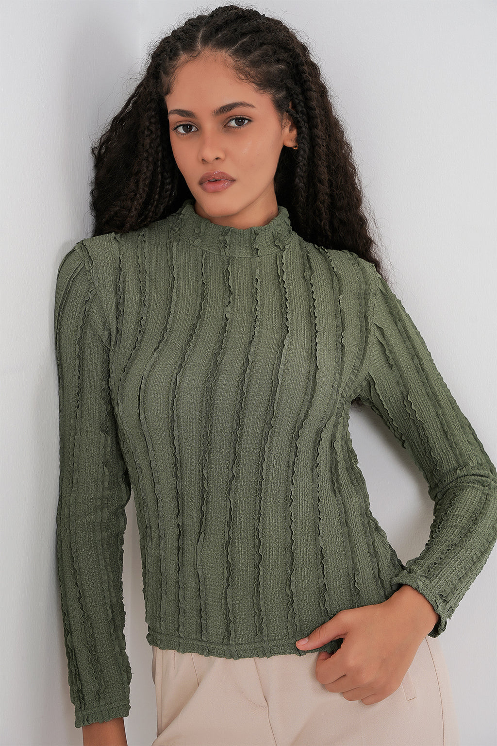 Kadın Dokulu Esnek Örme Bluz 975 - Haki