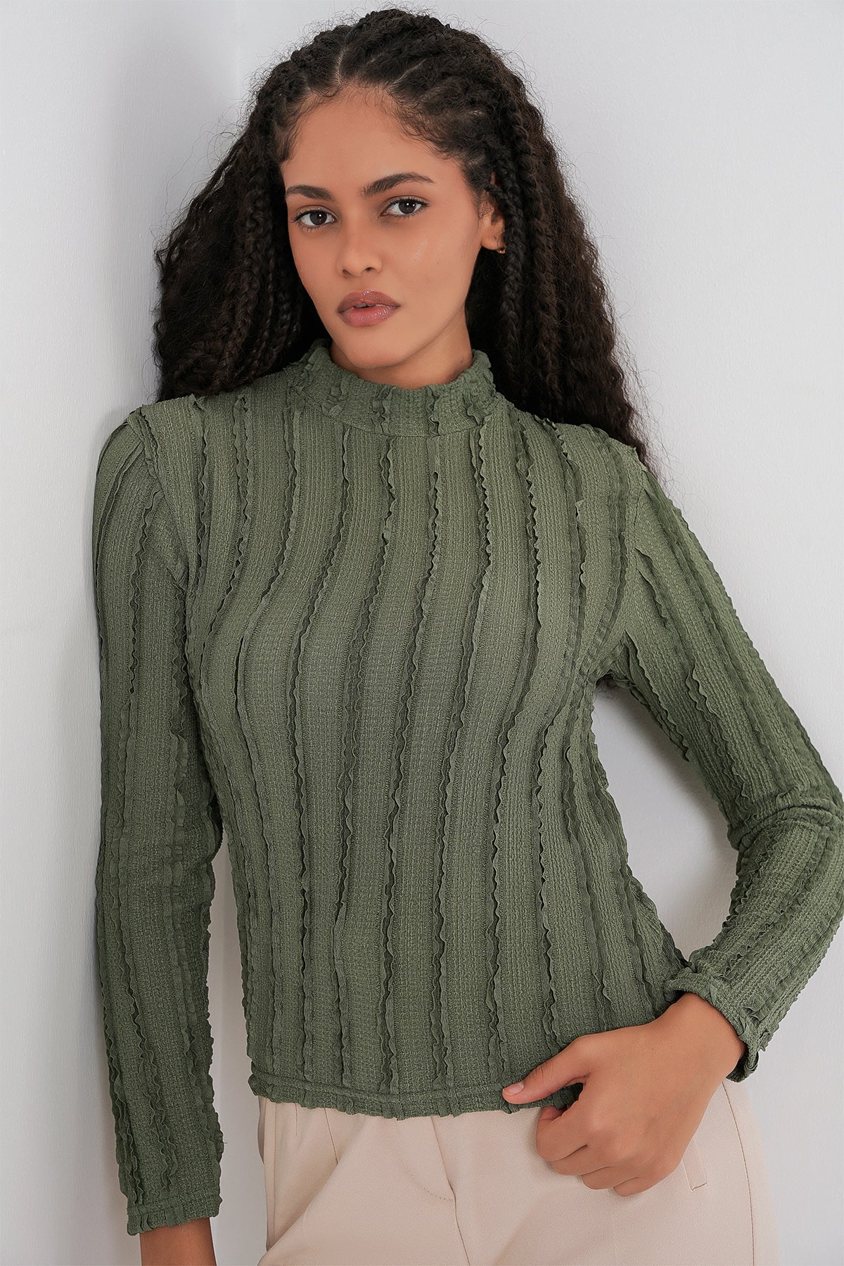 Kadın Dokulu Esnek Örme Bluz 975 - Haki
