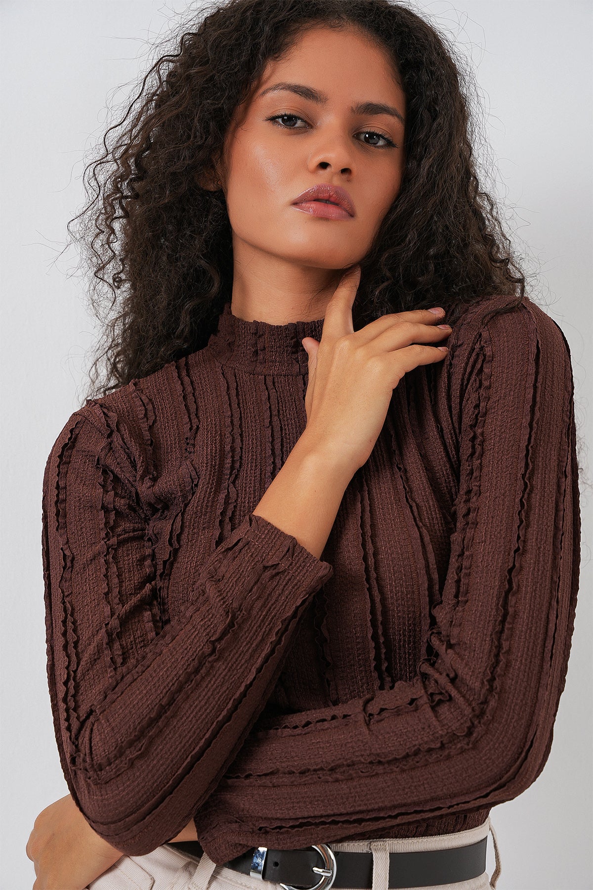 Kadın Dokulu Esnek Örme Bluz 975 - Kahverengi