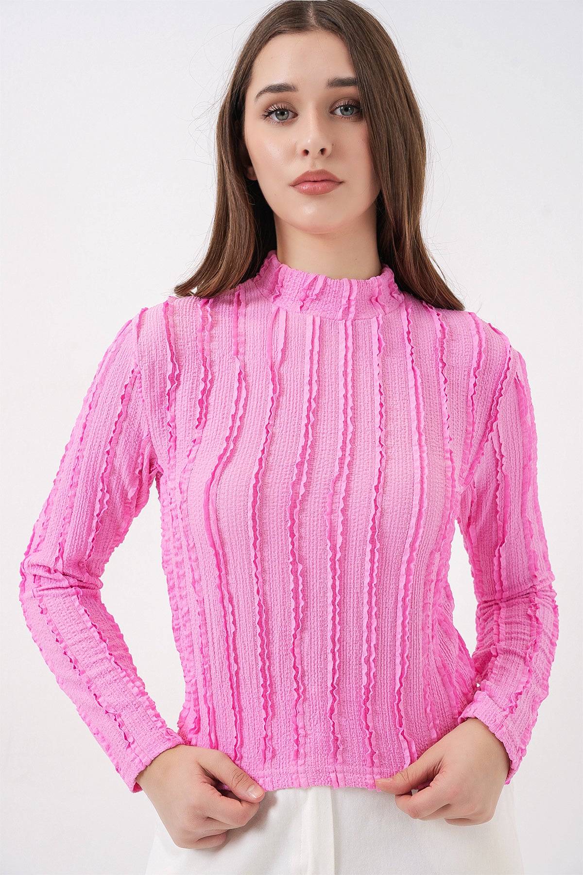 Kadın Dokulu Esnek Örme Bluz 975 - Pembe