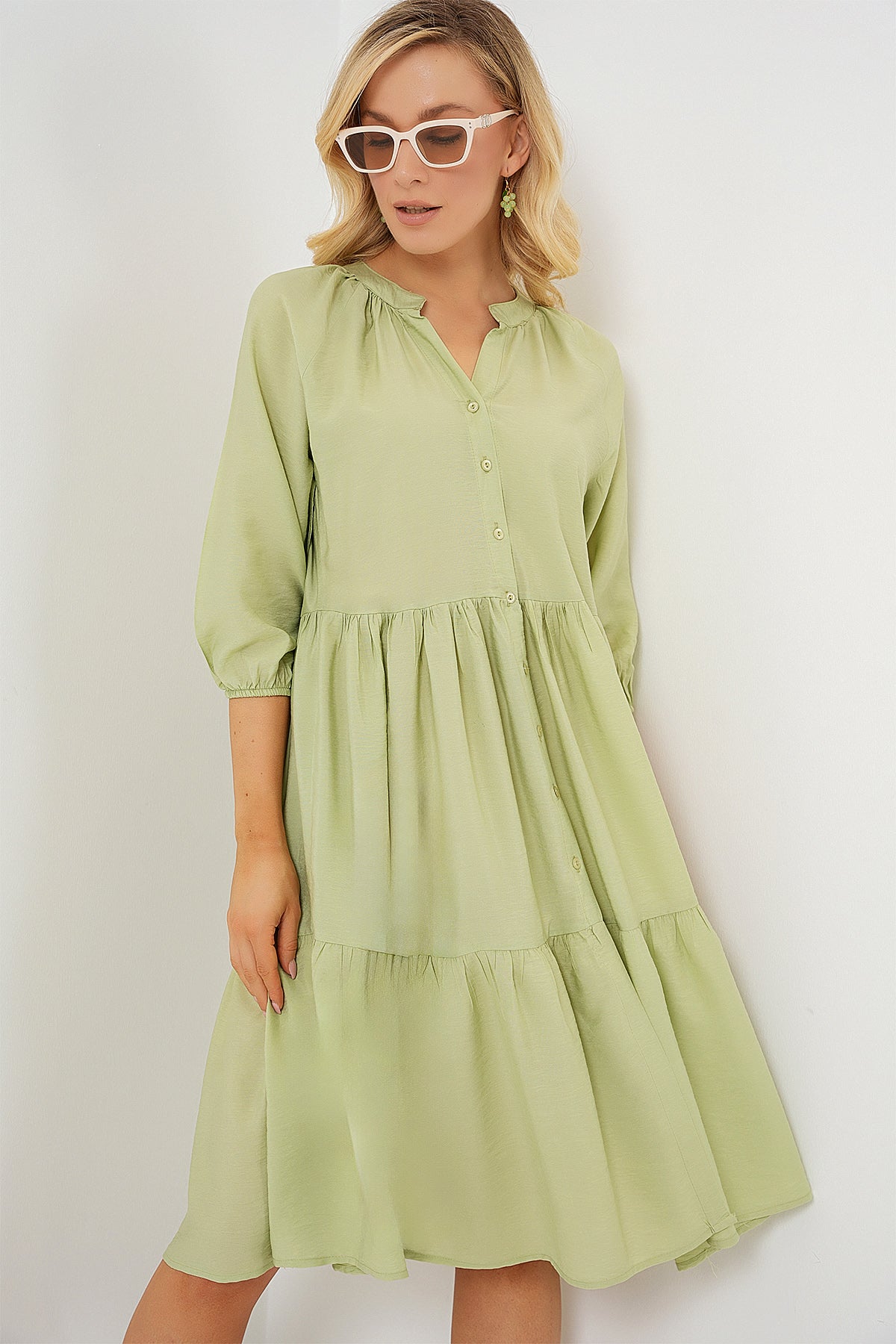Kadın Düğmeli Kısa Kol Elbise 2559 - E.Yeşil