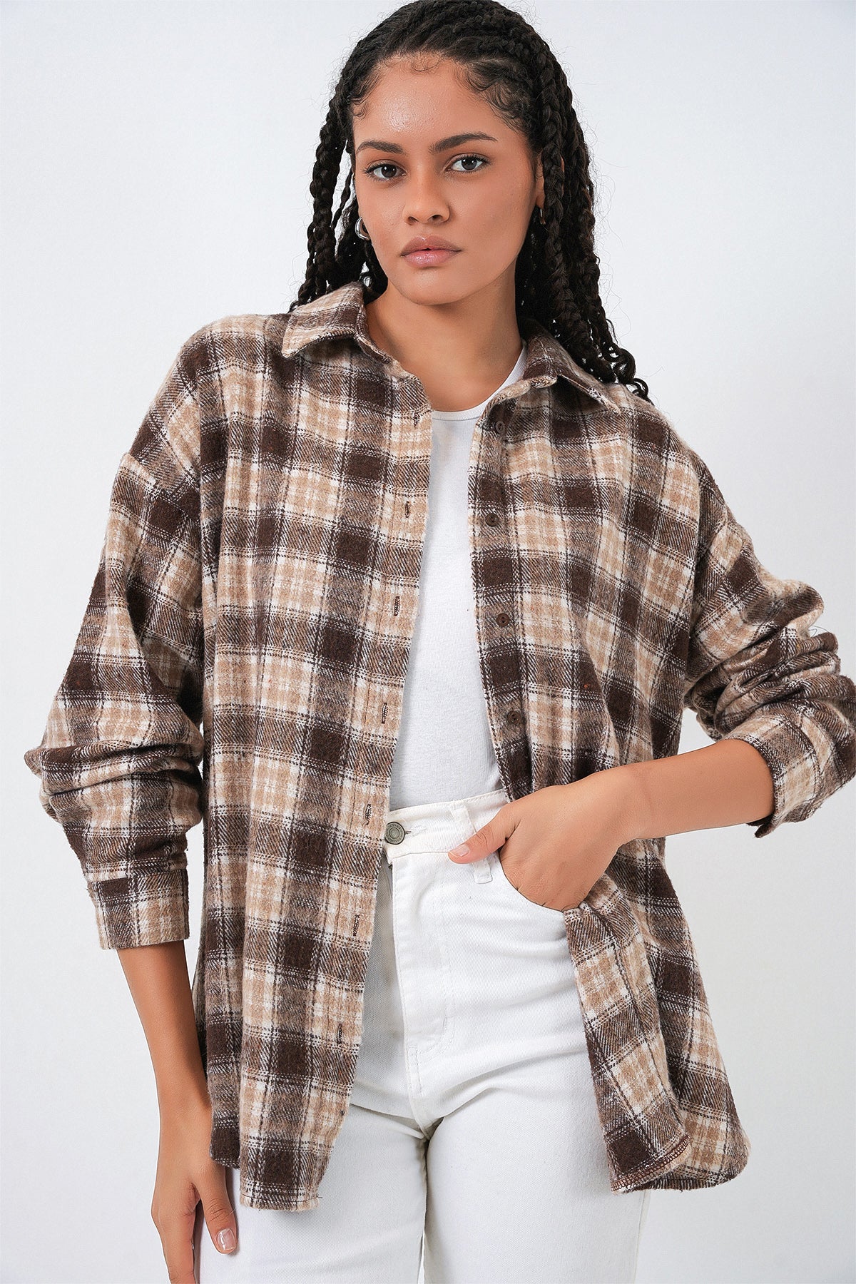 Kadın Ekose Desen Oversize Oduncu Gömlek 3854 - E. Kahve