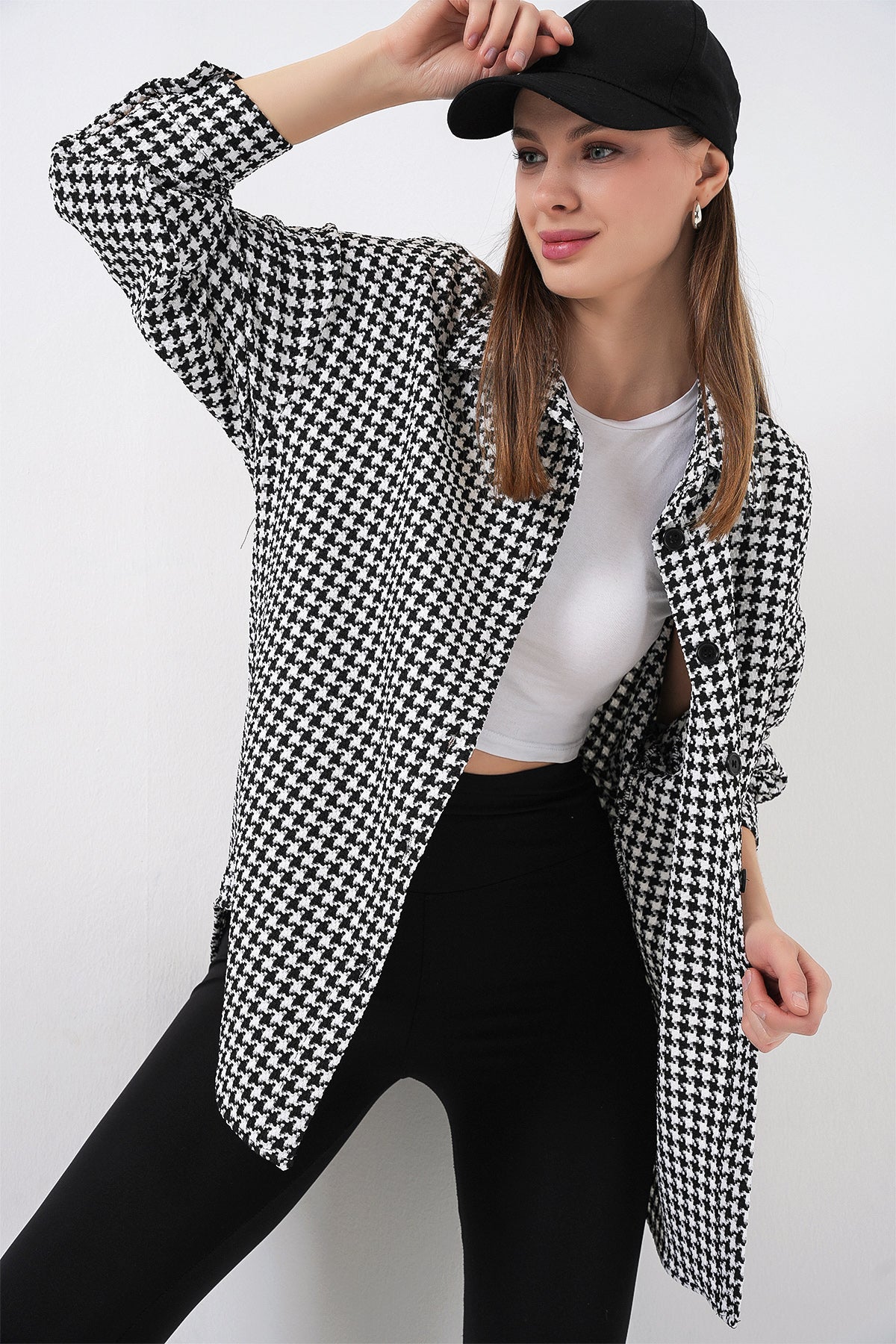 Kadın Ekose Desen Oversize Oduncu Gömlek 3854 - Siyah - Beyaz