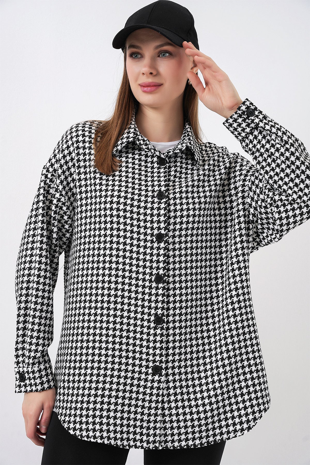 Kadın Ekose Desen Oversize Oduncu Gömlek 3854 - Siyah - Beyaz