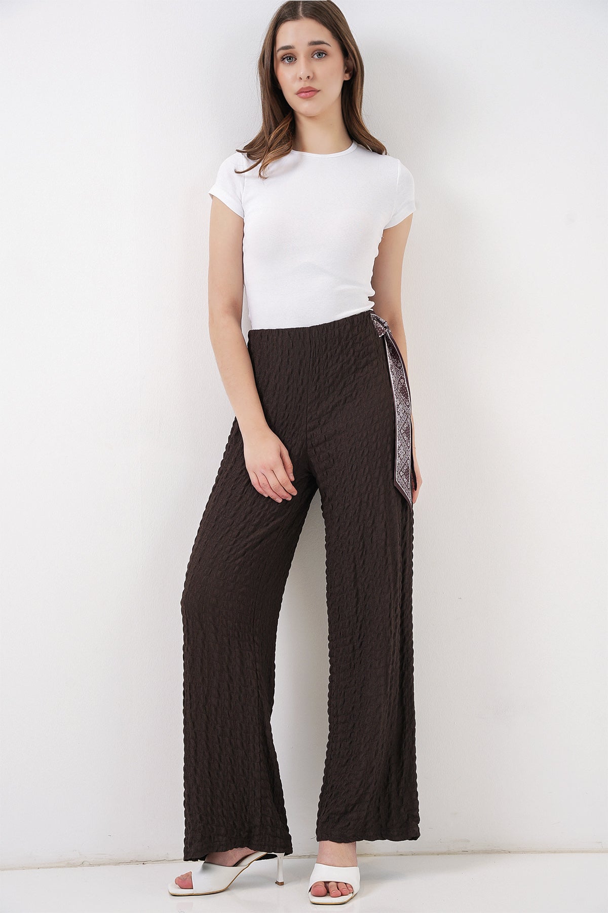 Kadın Fularlı Örme Pantolon 30070 - Kahverengi