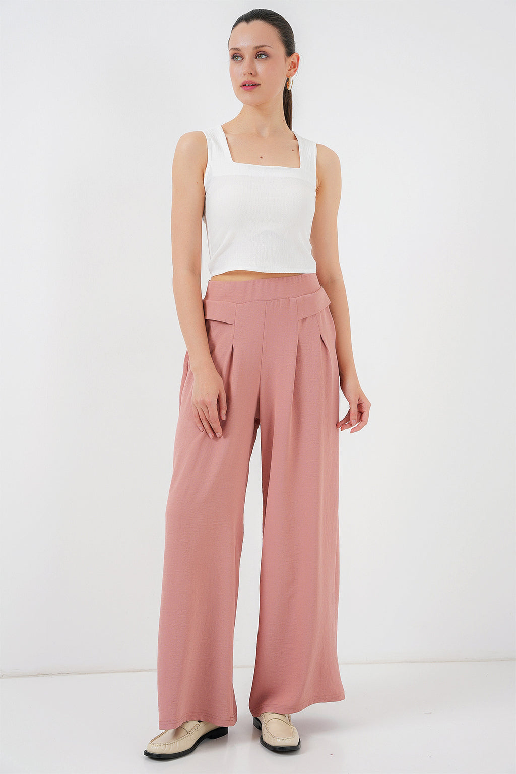 Kadın Geniş Paça Pileli Pantolon 6718 - Gül Kurusu