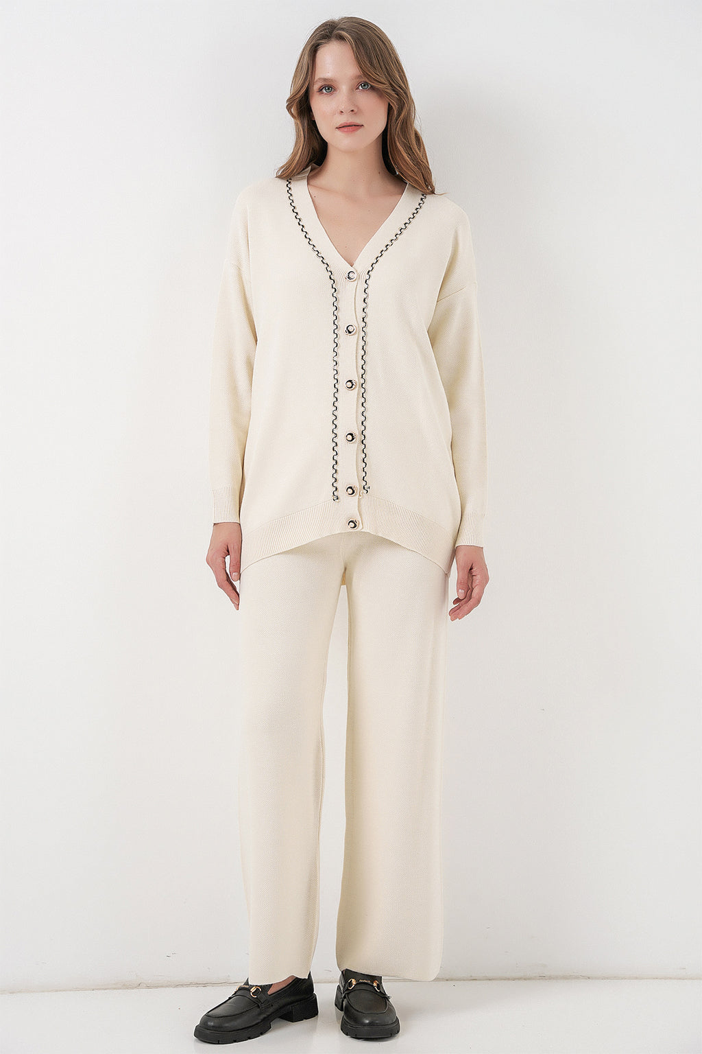 Kadın Hırka Pantolon Triko İkili Takım 15956 - Ekru