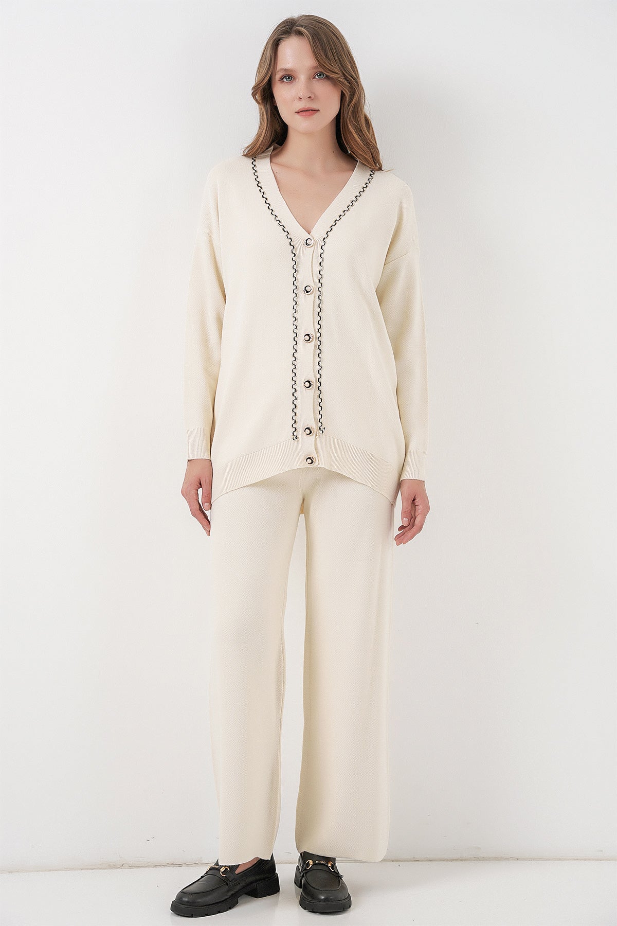 Kadın Hırka Pantolon Triko İkili Takım 15956 - Ekru